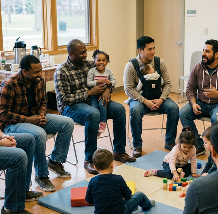 Group of children and adults participating in a circle time, with children playing with colorful blocks on mats and adults sitting and laughing in a room with large windows.