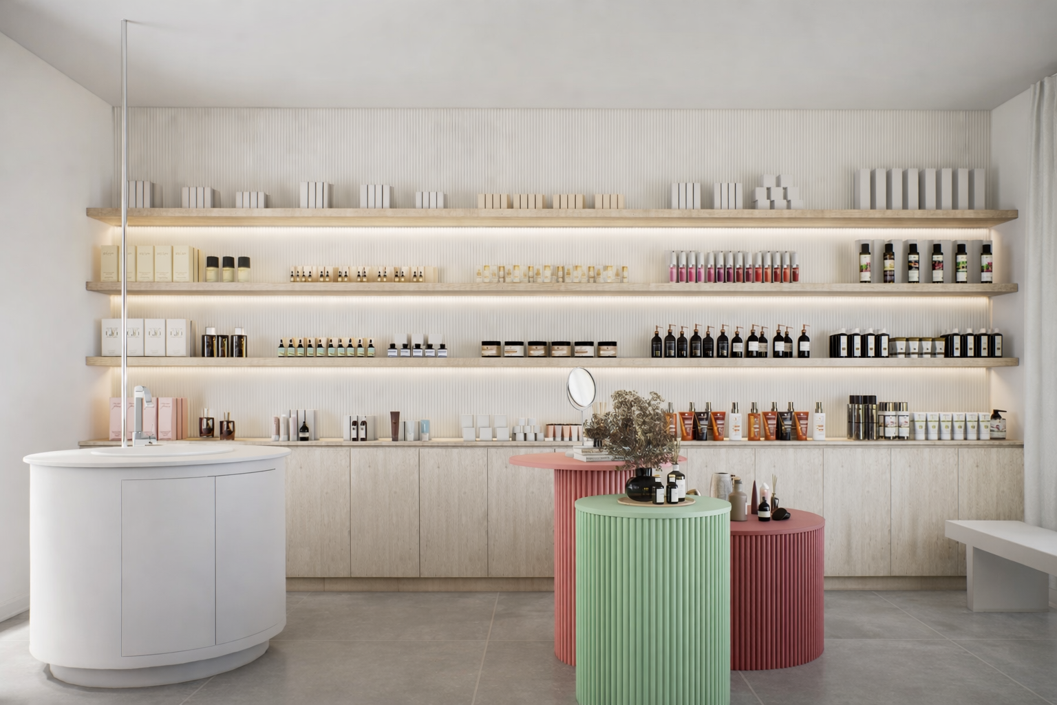 Minimalist skincare or beauty store with light wood shelves displaying skincare products, a white counter, and colorful cylindrical tables with bottles and a vase of dried flowers.