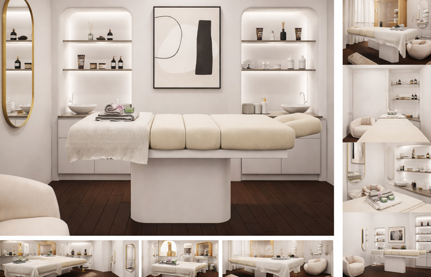 Spa treatment room with massage table, shelves with skincare products, sinks, and relaxing decor.
