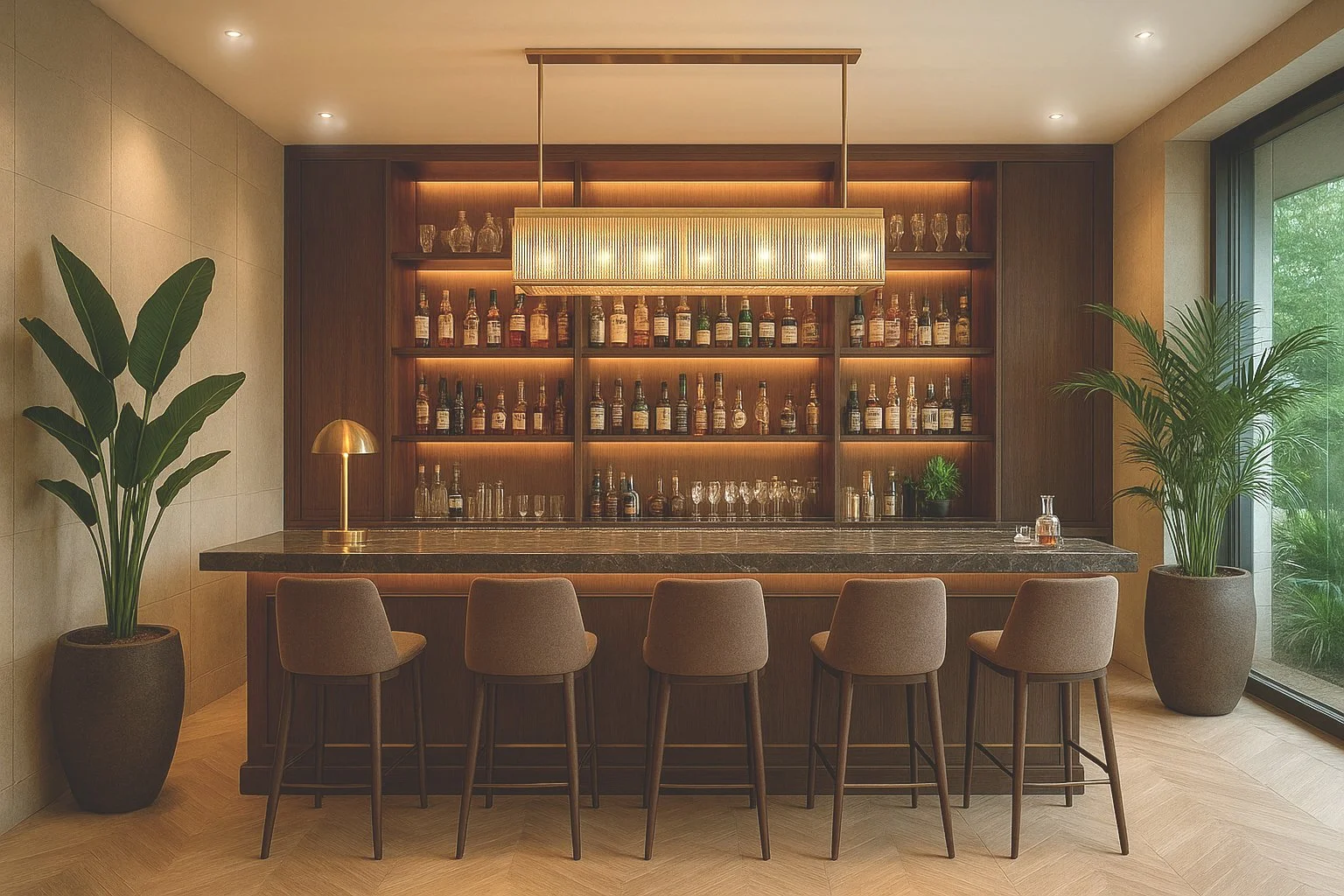 Modern home bar with wood shelves filled with liquor bottles, a marble countertop, six barstools, two large potted plants on either side, and large windows showing greenery outside.