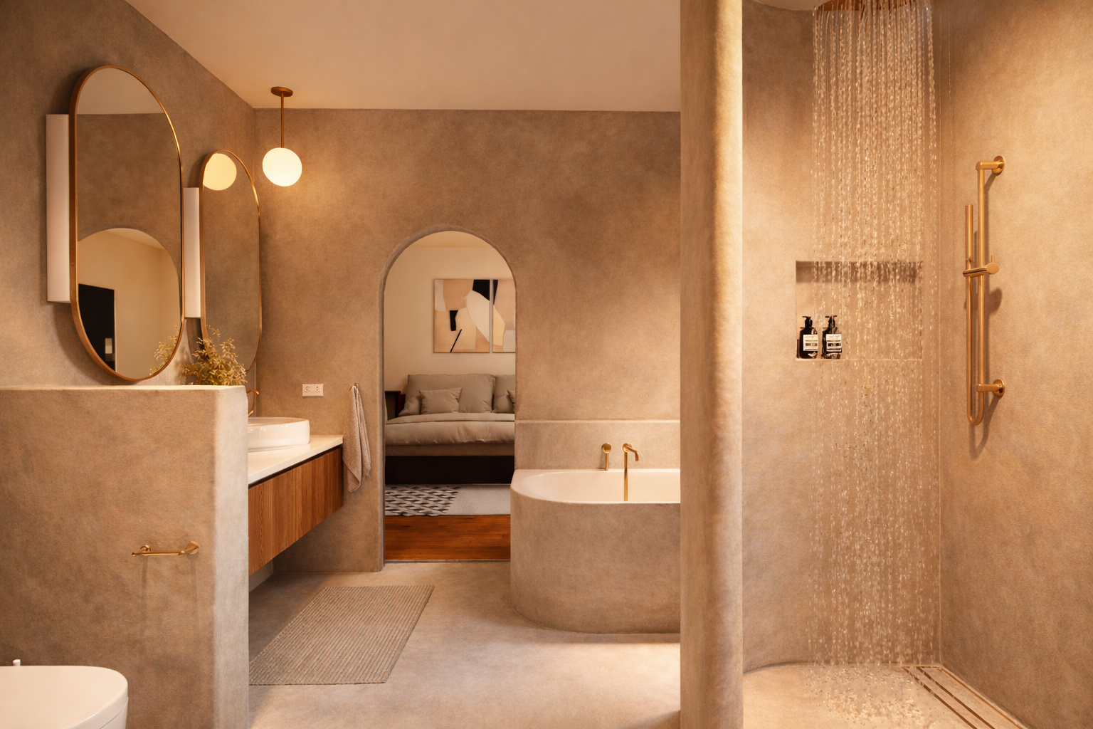Modern bathroom with two oval mirrors, a sink, a bathtub, and a walk-in shower with rainfall showerhead. A bedroom with a bed and abstract artwork is visible through an arched doorway. Polished plaster, Concrete Walls, Limewash Painting