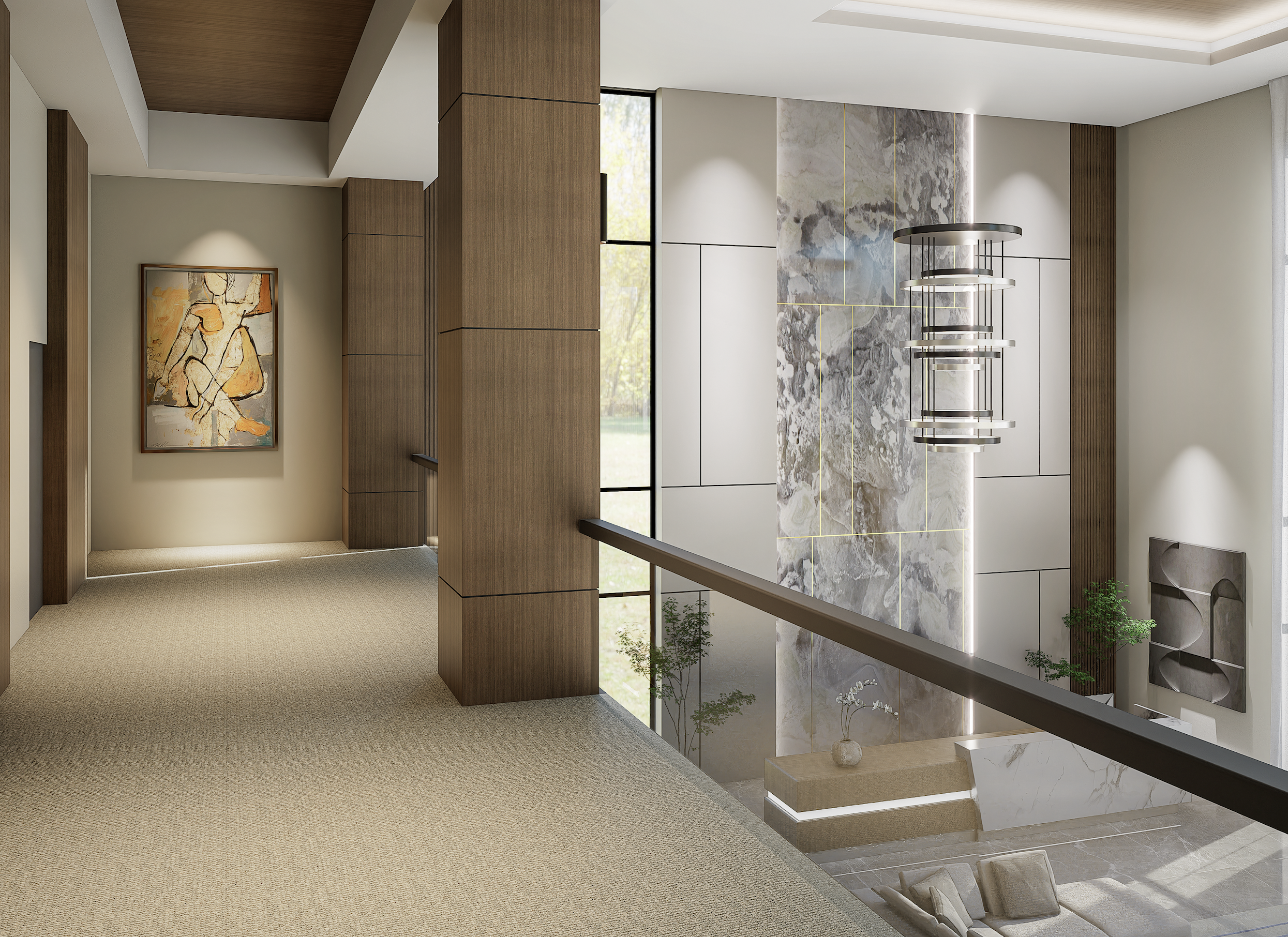 Interior view of a modern building with a beige carpeted floor, wooden walls, large marble accent wall, and a stylish chandelier. There's a staircase leading to the lower level with a black railing, and a large window providing natural light. Modern artwork and potted plants are also visible.