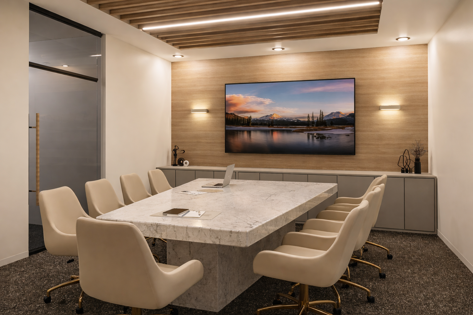 Modern conference room / boardroom with white marble executive table, beige office chairs, a large wall-mounted TV displaying a scenic lake and mountains, and minimalist decor.