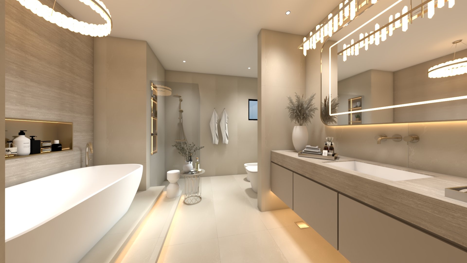 Modern bathroom with a freestanding bathtub, a vanity with a large mirror with lighting, white towels, decorative vases, and a sitting area with a small table, all in neutral tones.
