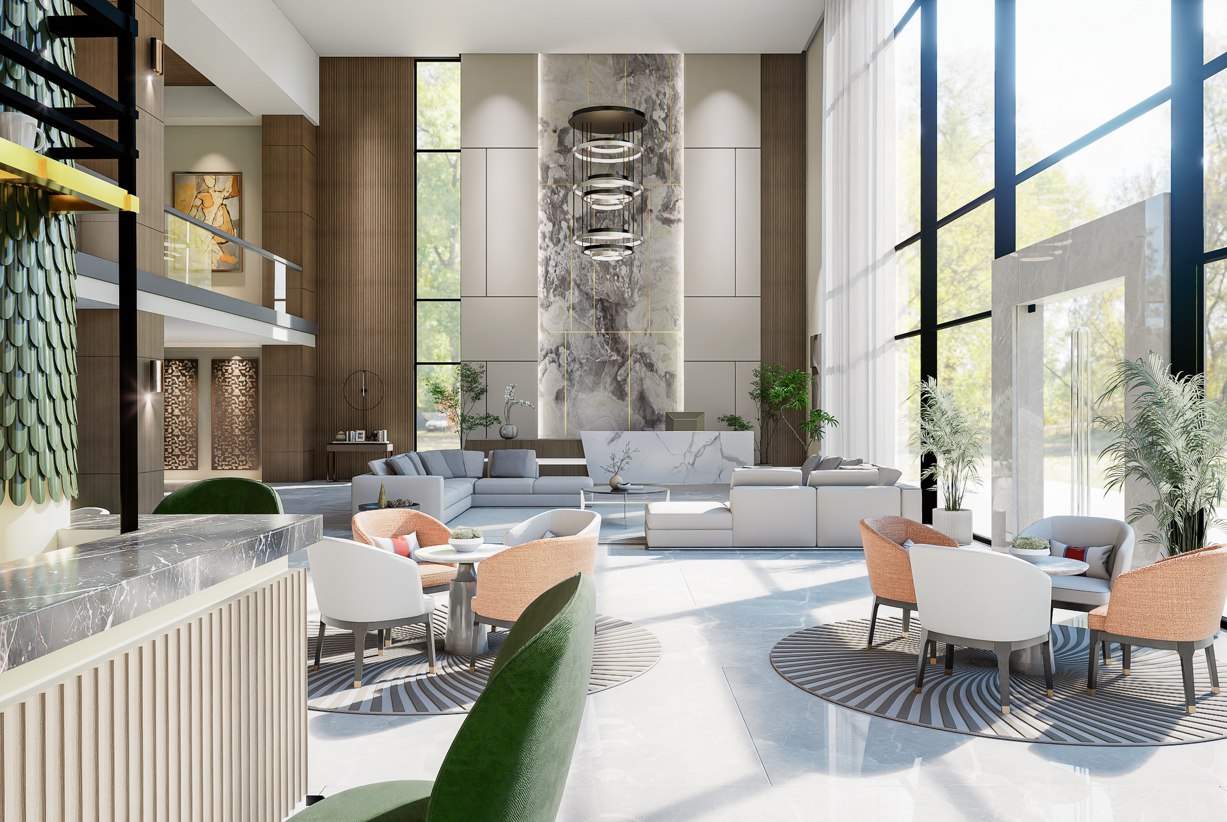Modern hotel lobby with large floor to ceiling windows, marble floors, and contemporary furniture including white, grey, and salmon chairs and couches, green plants, and a decorative marble wall with a chandelier. High End Hotel, Luxury Designer