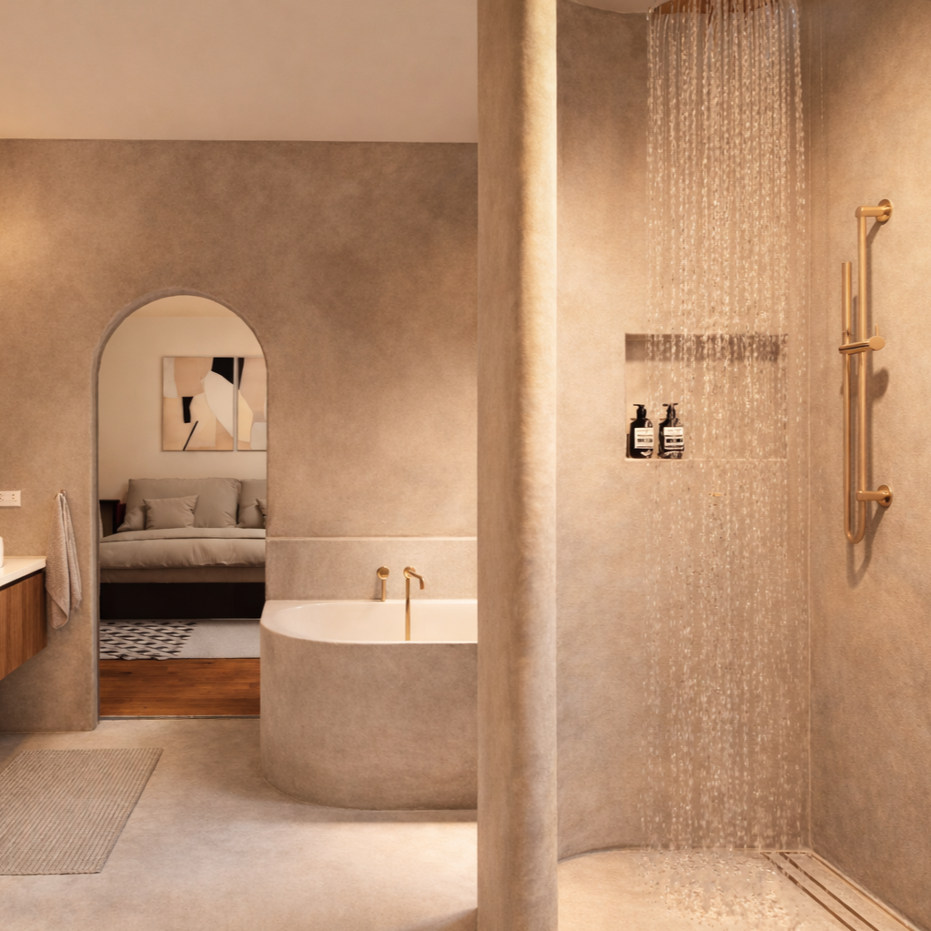 Modern bathroom with walk-in shower, bathtub, and a view into a bedroom with a sofa and abstract artwork.