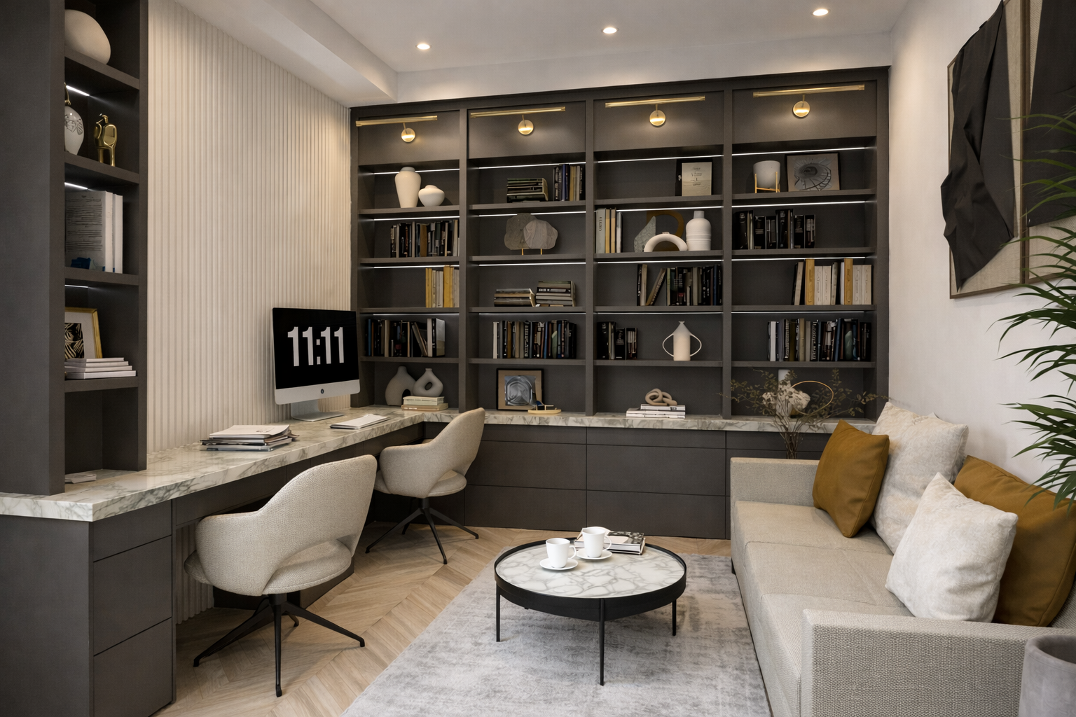 Modern home office with a marble desk, two beige chairs, a computer displaying 11:11, gray bookshelves with decorative objects and books, a light-colored sofa with brown and beige pillows, a round coffee table with cups, and a lamp on the ceiling, with a wall painting and a potted plant in the corner.