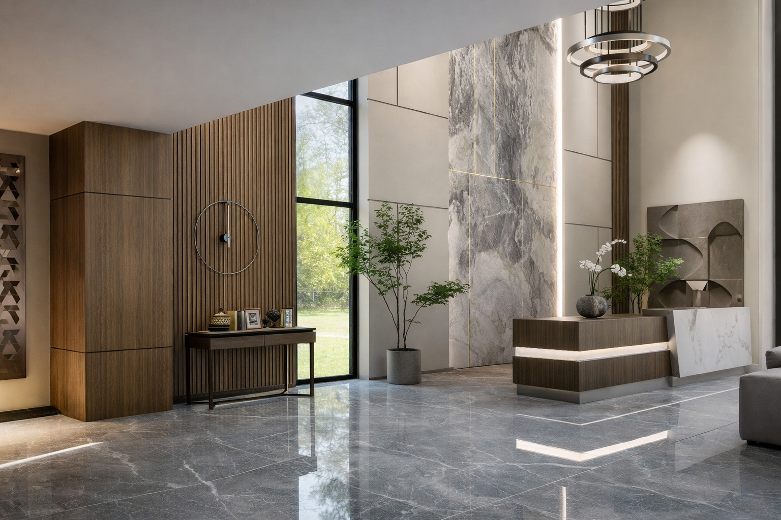 Modern lobby with marble floors, wooden panel walls, a large window, and a marble and wood reception desk with potted plants.