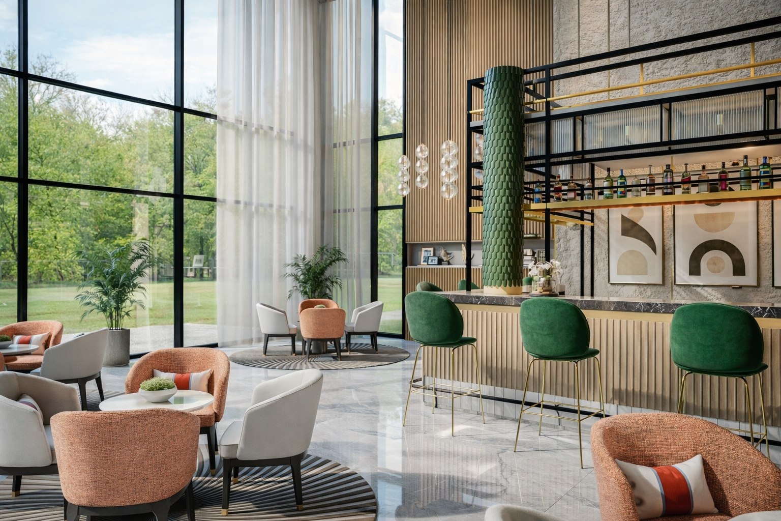 Modern hotel lobby with large floor-to-ceiling windows, green barstools, and comfortable pastel-colored chairs around small tables. Green plants and abstract artwork decorate the space.