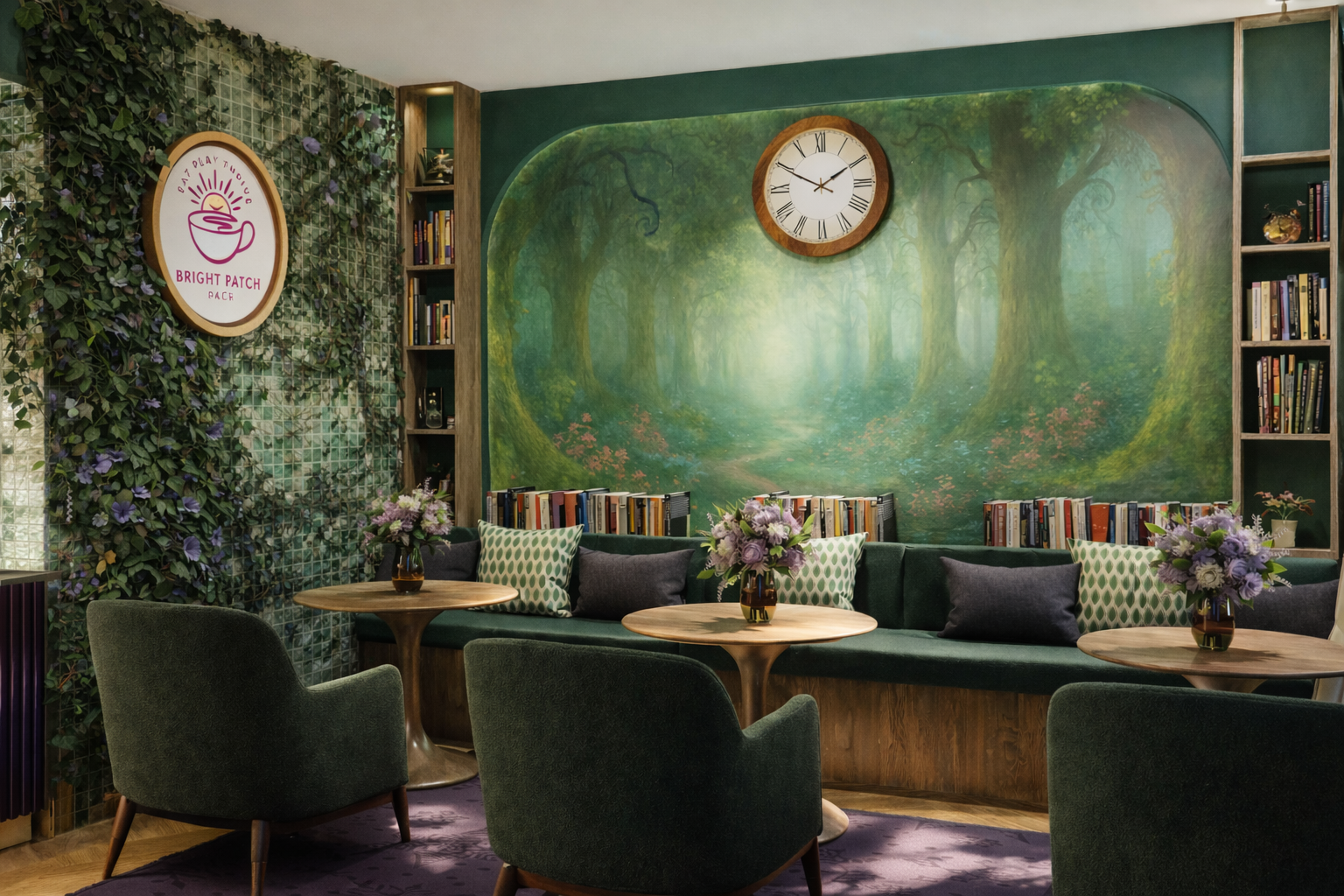 Cozy cafe lounge area with green armchairs and round wooden tables with floral arrangements, a large painted forest mural on the wall, bookshelves, and a wall clock.