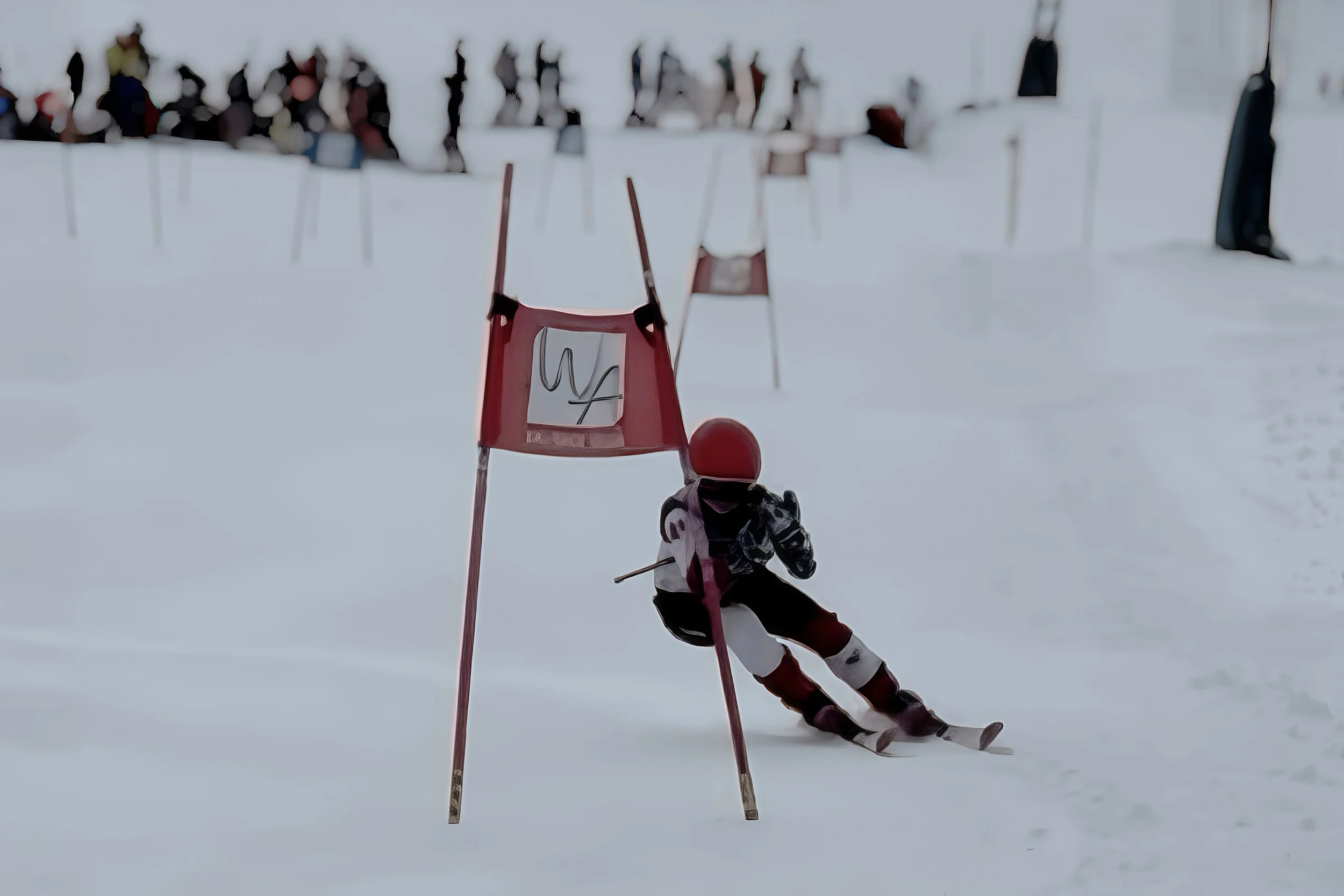 A skier in a racing suit and red helmet navigating around a slalom gate on a snow-covered slope during a ski race.