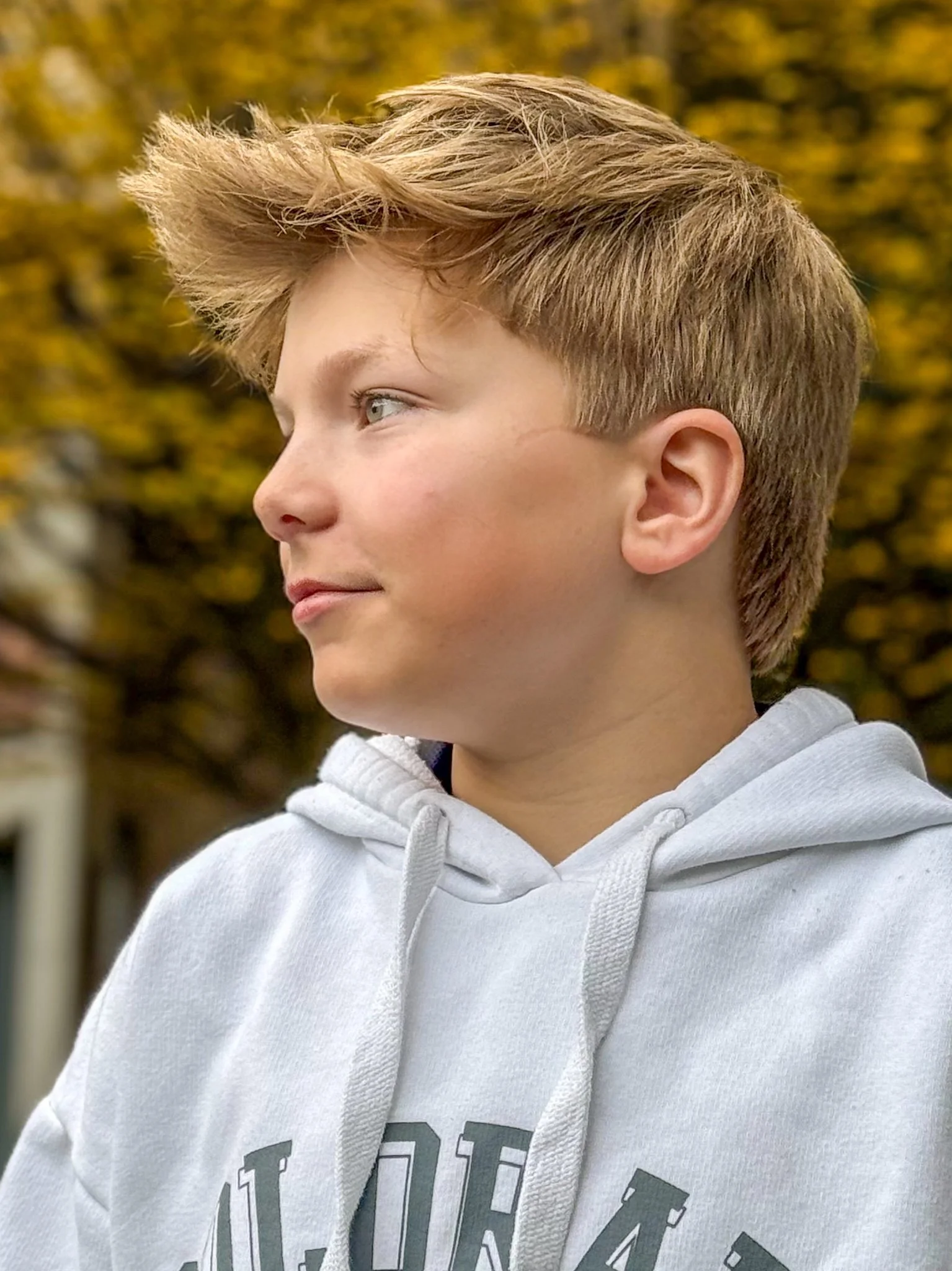 Side profile of a young boy with light brown, tousled hair, wearing a white hoodie, outdoors with blurred yellow autumn leaves in the background.