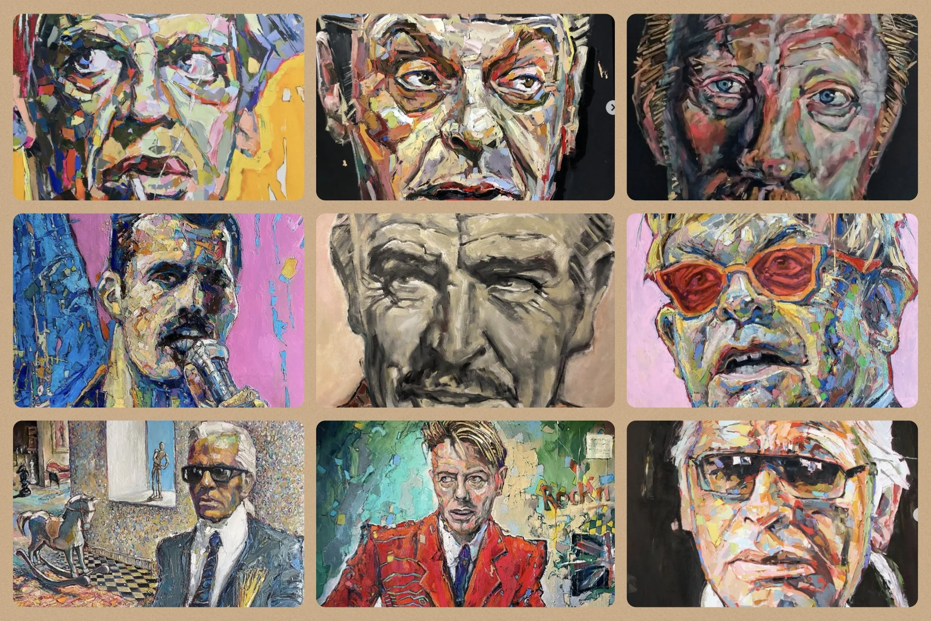 Eine Kollektion aus 9 verschiedenen kuratierten Gemälden. Es sind alles Portraits ältere Männer, manche sogar im Detail.