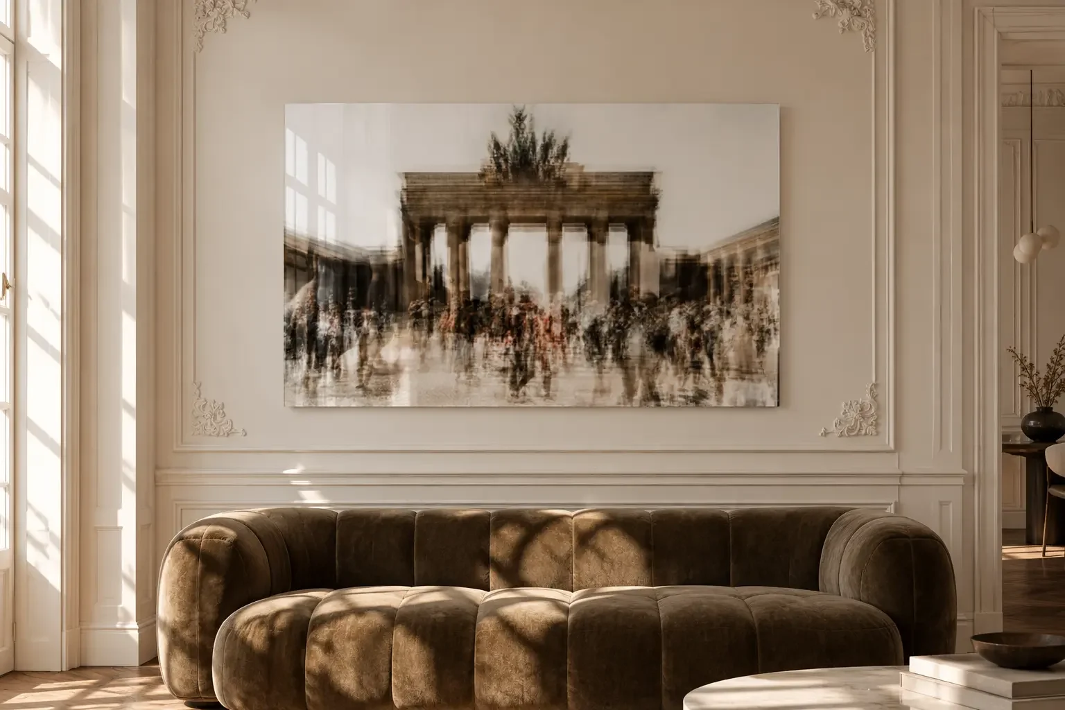 Sunlit Gallery Living Room with Brandenburg Gate Art.webp