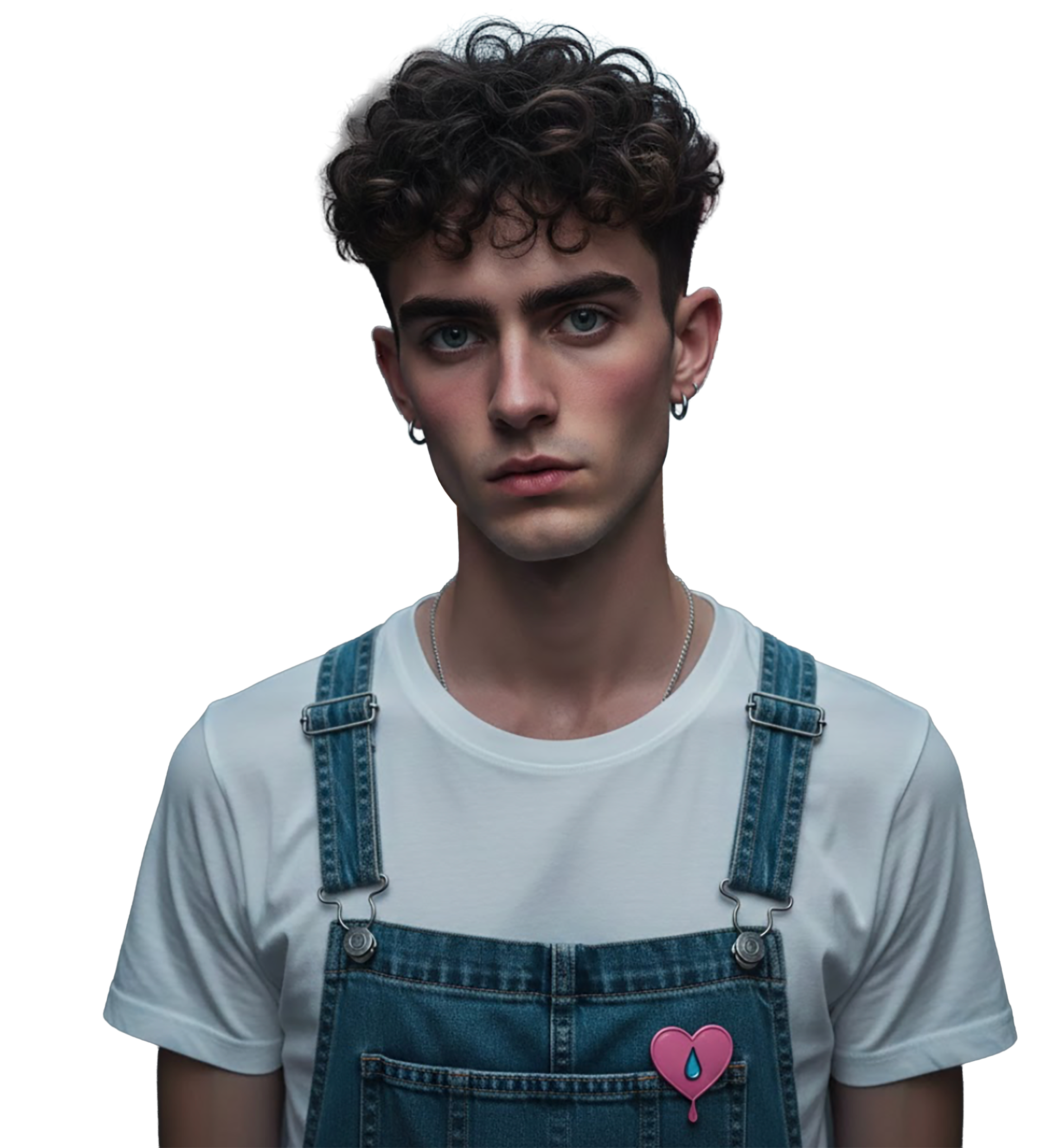 Un jeune homme aux cheveux bouclés, yeux bleus et teint clair, portant un t-shirt blanc et un jean avec des bretelles, avec une épingle en forme de cœur brisé sur la poche.