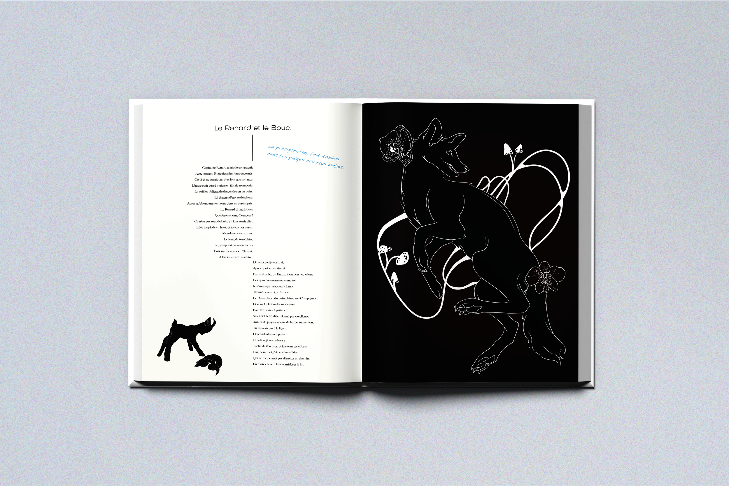 Page de livre avec un texte en français et une illustration d'un renard noir avec des fleurs et des champignons en blanc sur un fond noir.