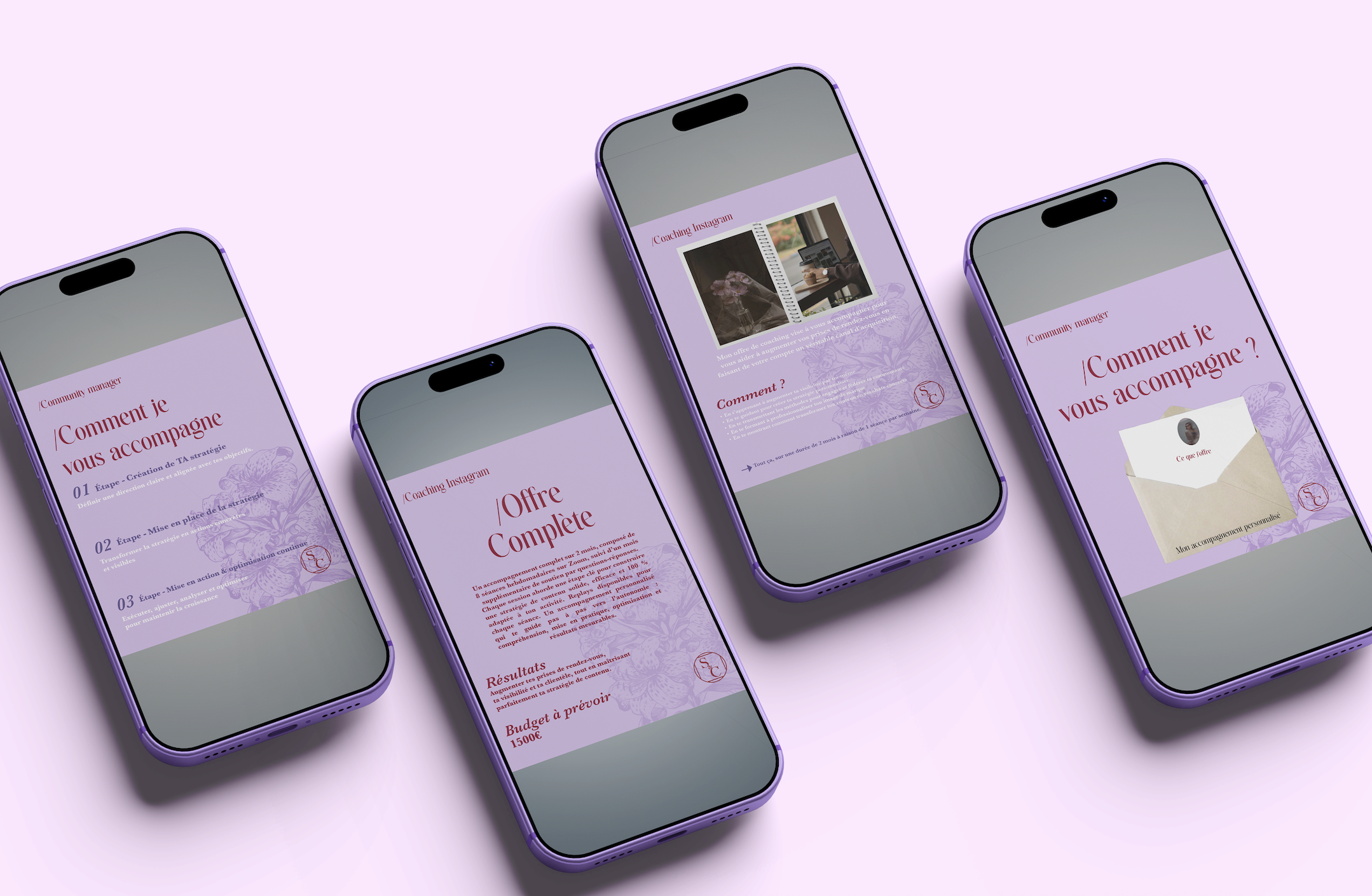 Quatre smartphones violets affichant des pages de présentation sur le coaching Instagram, l'offre complète, et la manière d'accompagner, posés sur un fond violet clair.