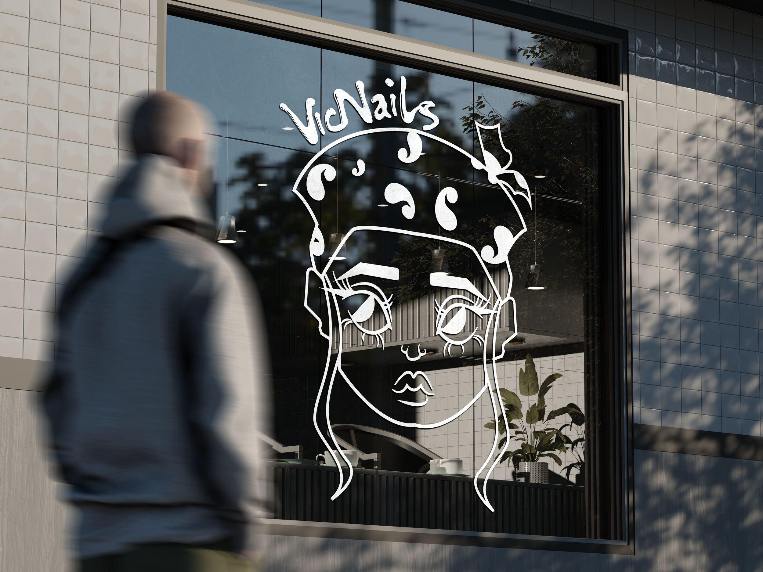 Vitrine d'un salon de manucure avec une illustration de visage de femme avec des traits stylisés et des cheveux avec un bandeau. Le nom du salon 'Vd Nails' est inscrit en haut de la vitrine.