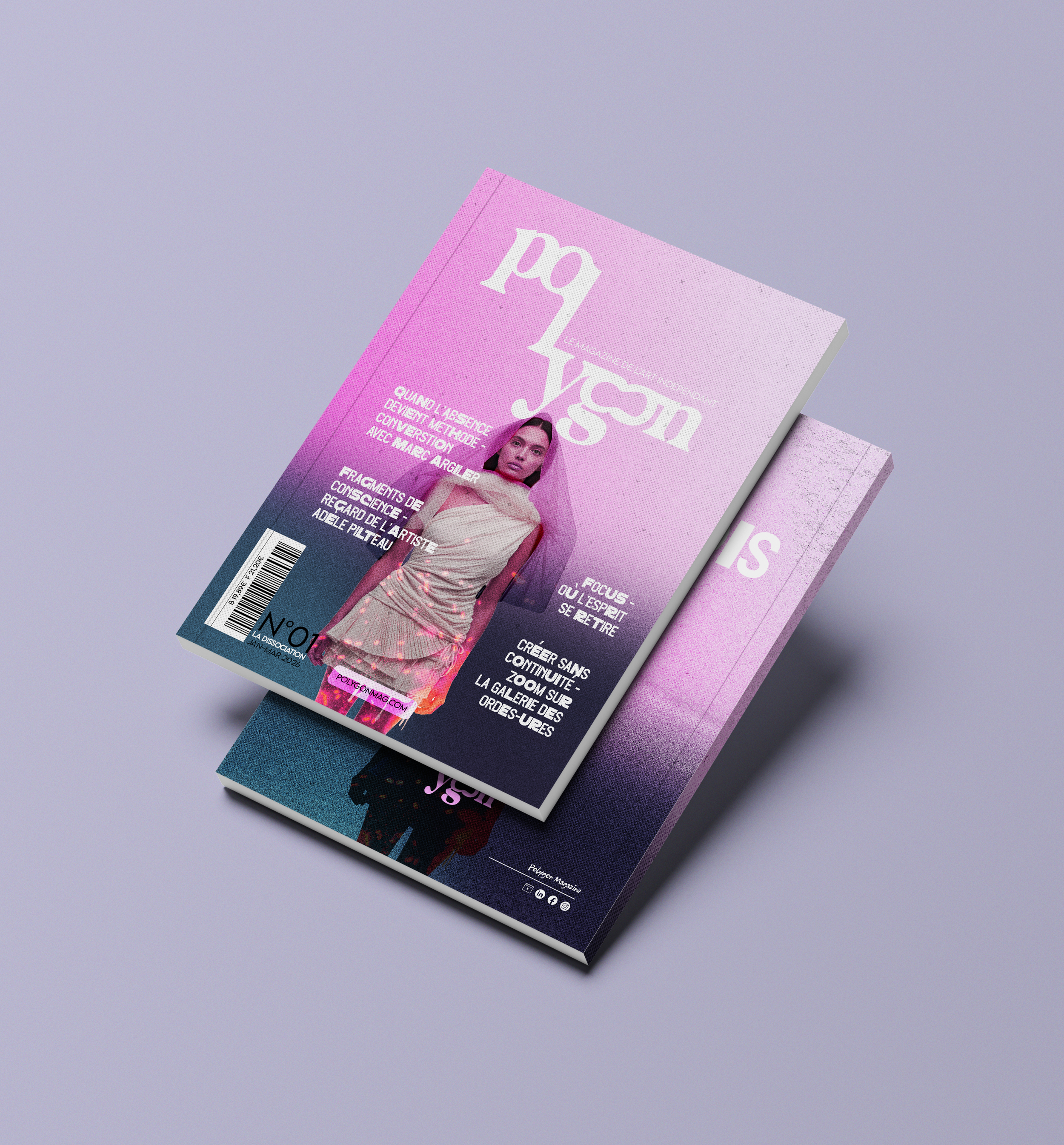 Deux magazines empilés, une couverture en violet avec une femme en tenue beige, texte en français sur la couverture, thèmes liés à l'art et la créativité.