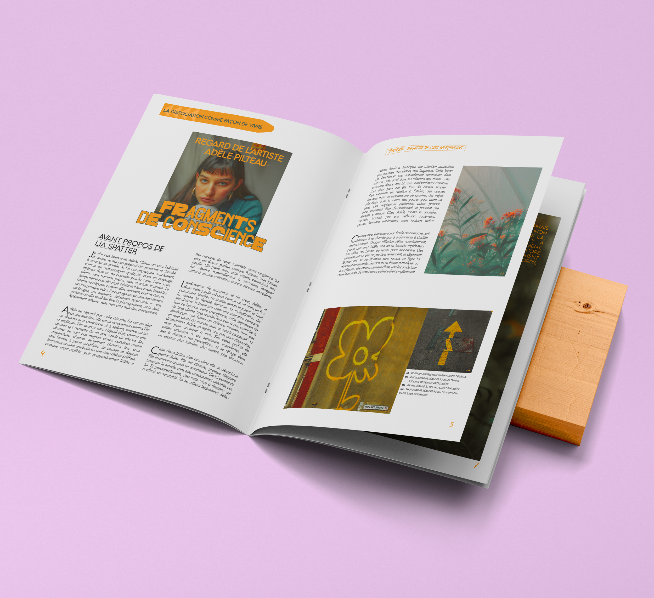 Un magazine ouvert montrant une interview avec l'artiste Adèle Pilateau, avec des images de fleurs et de graffitis, posé sur une surface en bois contre un fond violet.