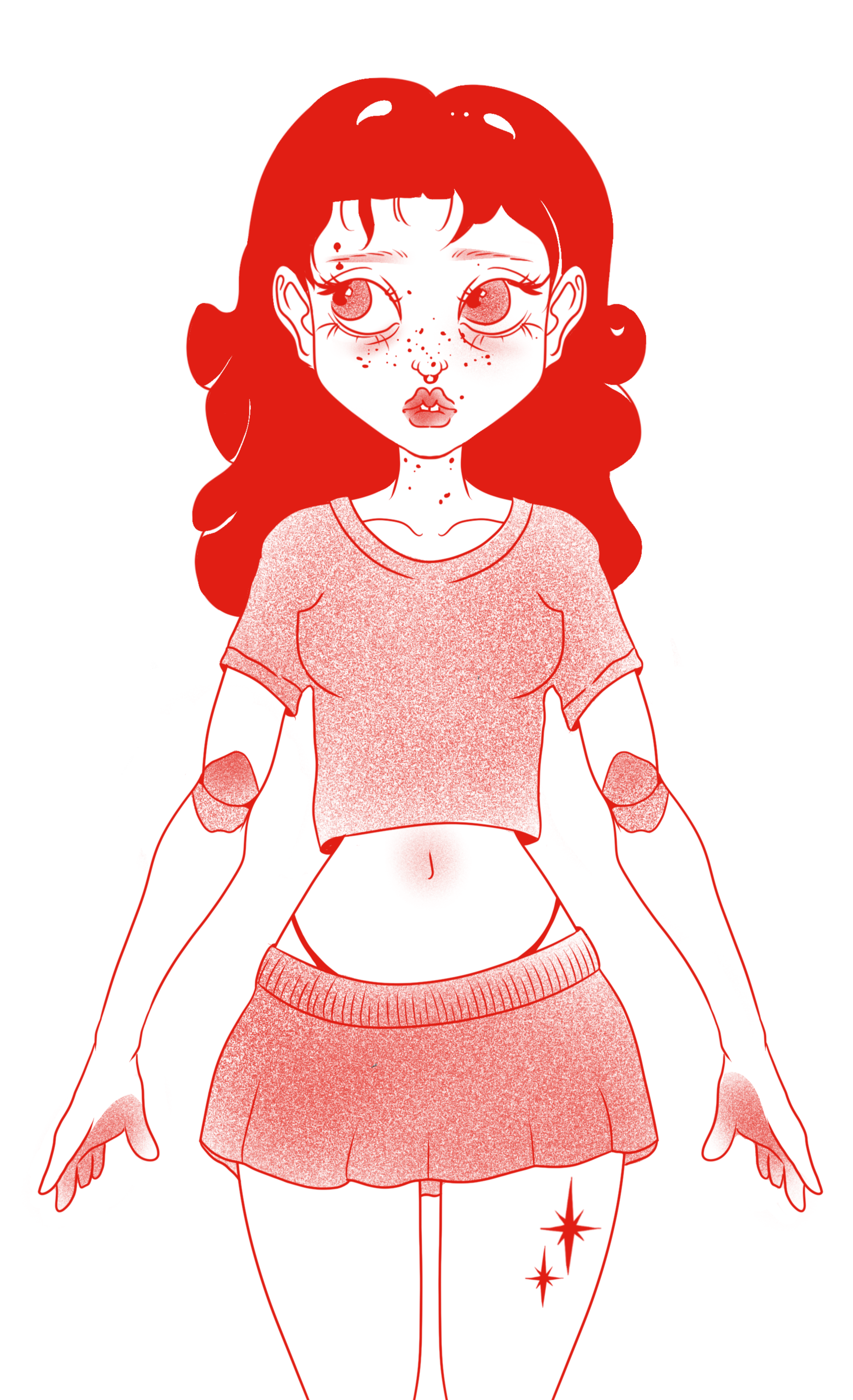 Illustration d'une fille dans un style graphique en rouge et noir, avec des détails stylisés et une ambiance sombre.