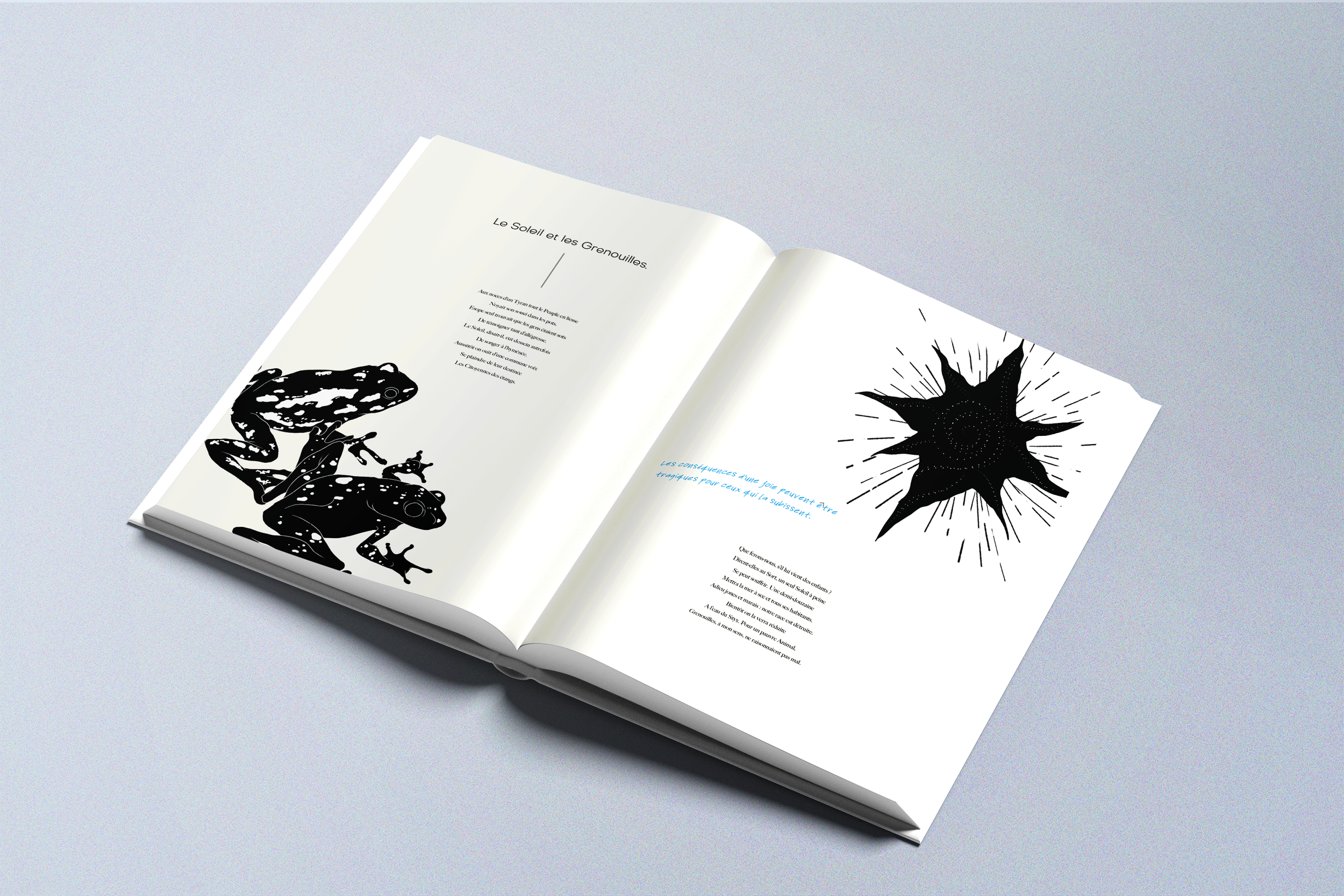 Page ouverte d'un livre avec illustrations de grenouilles noires stylisées et un soleil noir.