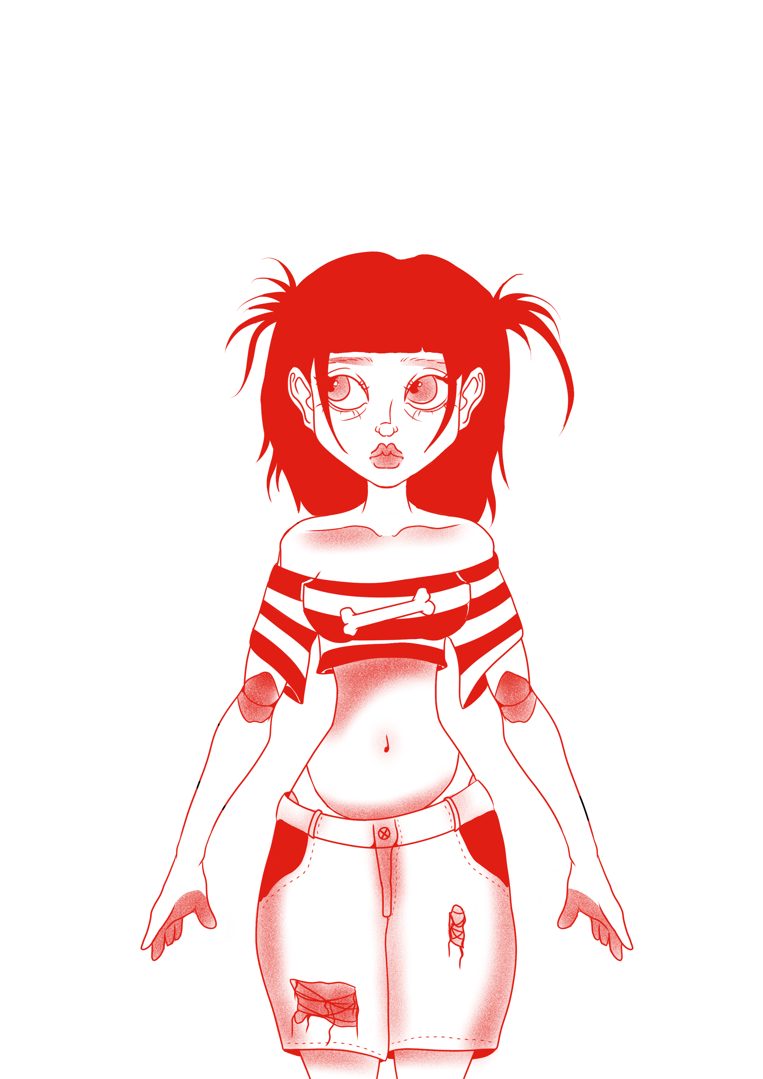 Illustration d'une fille au visage sombre, à la coiffure désordonnée, portant un sweat à rayures noirs et rouges, avec un os dans sa poche, une chatte sur le ventre, et une aura mystérieuse autour d'elle.