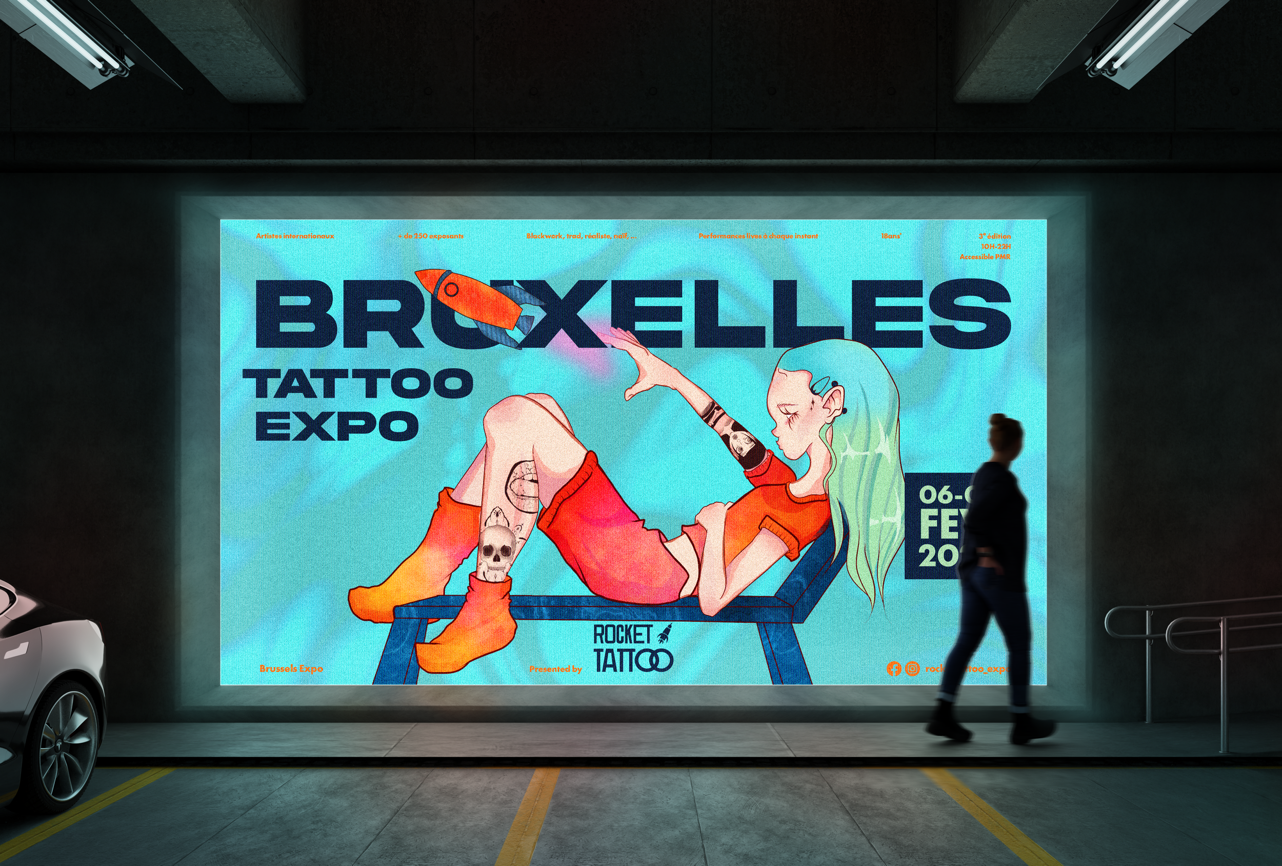 Affiche lumineuse annonçant la Brussels Tattoo Expo, avec illustration d'une femme dessinée dans un style contemporain, aux cheveux colorés et tatouages visibles, allongée sur une chaise, en tenant un fusée orange dans sa main. Date de l'événement, logo et réseaux sociaux en bas à droite.