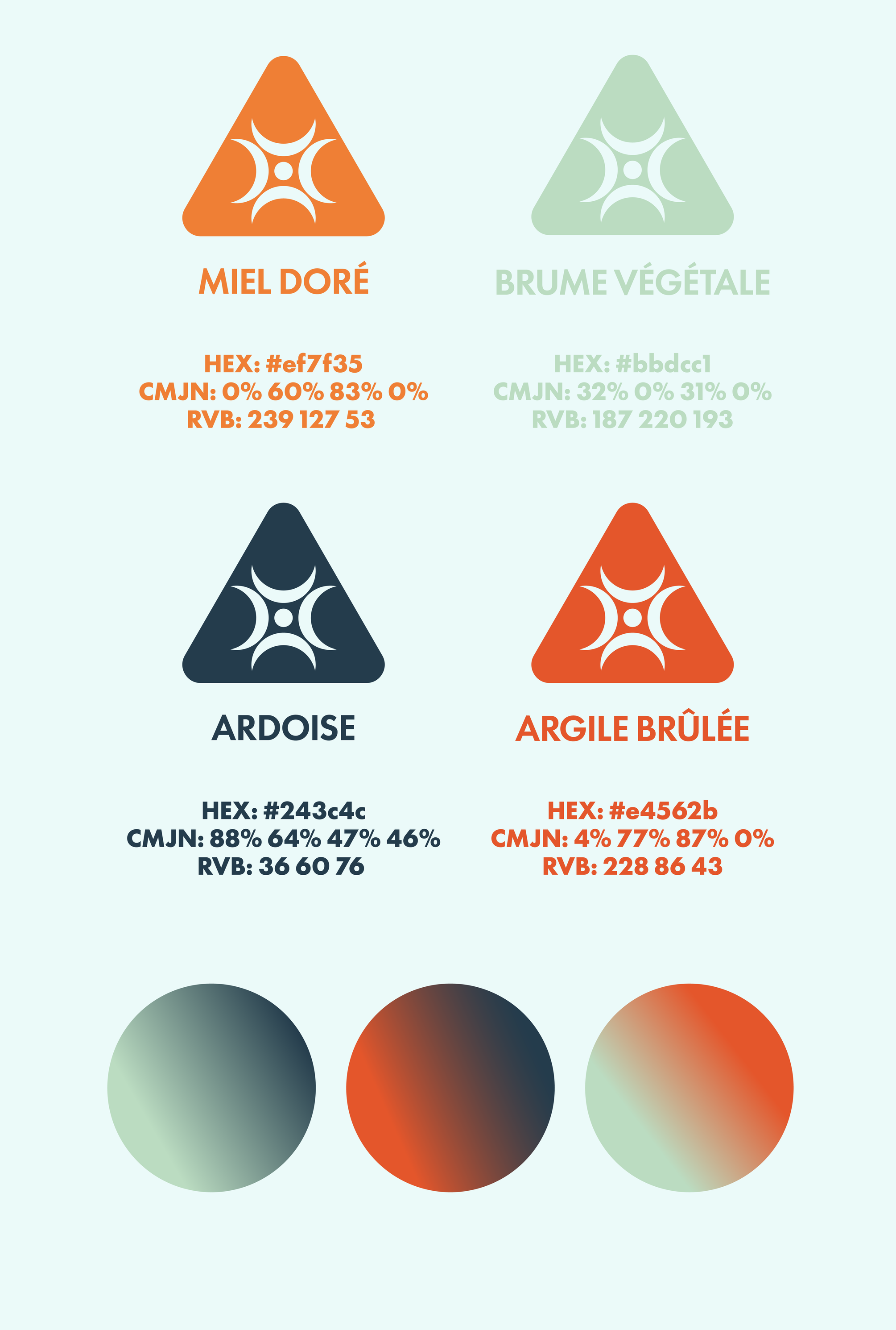 Quatre symboles colorés représentant différentes couleurs de pigments avec leurs codes hexadécimaux, valeurs CMJN et RVB. Les couleurs sont miel doré, brume végétale, ardoise et argile brûlée, accompagnées de descriptions textuelles et de cercles de couleur correspondants.