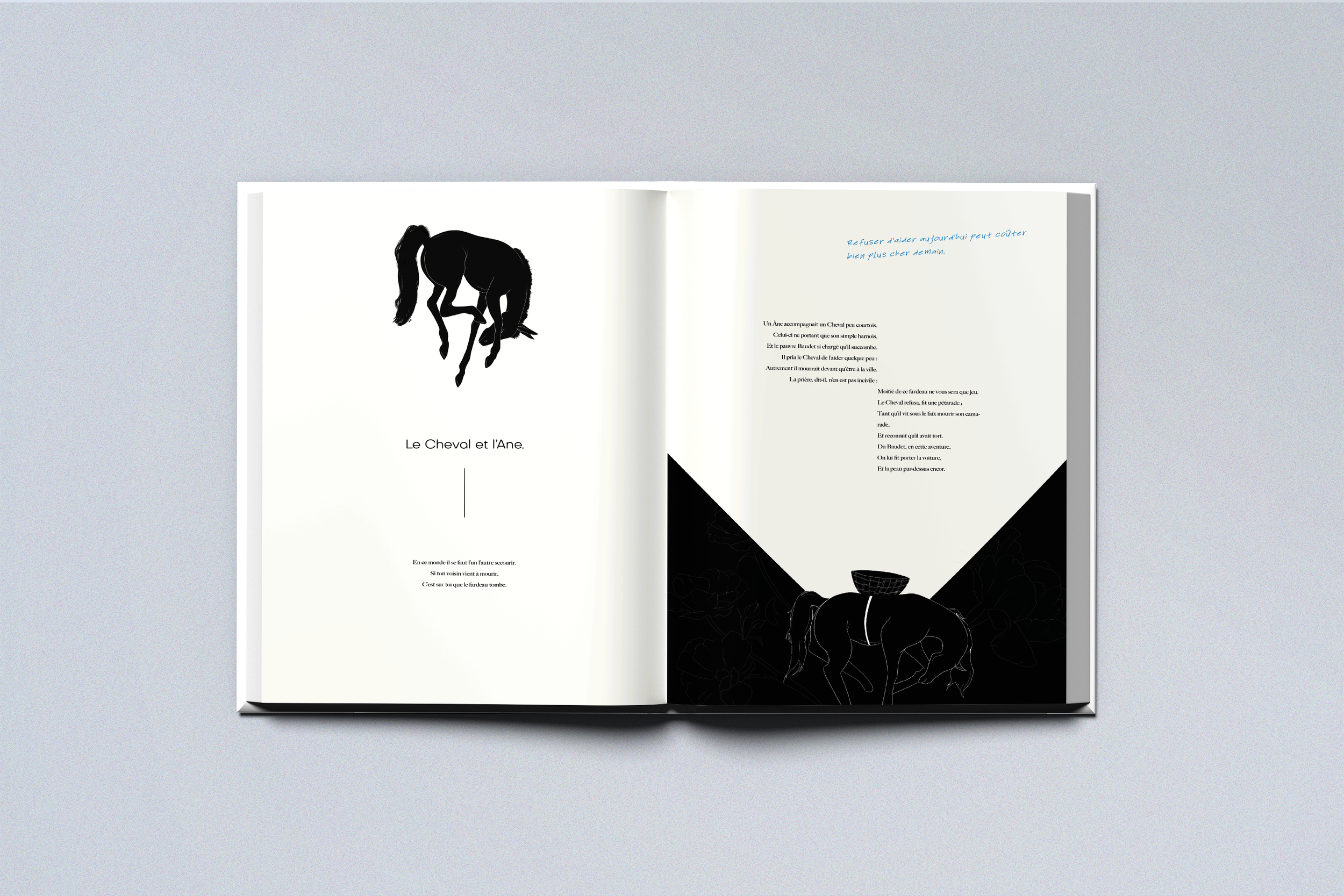 Page de livre avec illustration d'un cheval noir et d'une figure d'âne, textes en français, titres "Le Cheval et l'Âne." et contenu poétique.