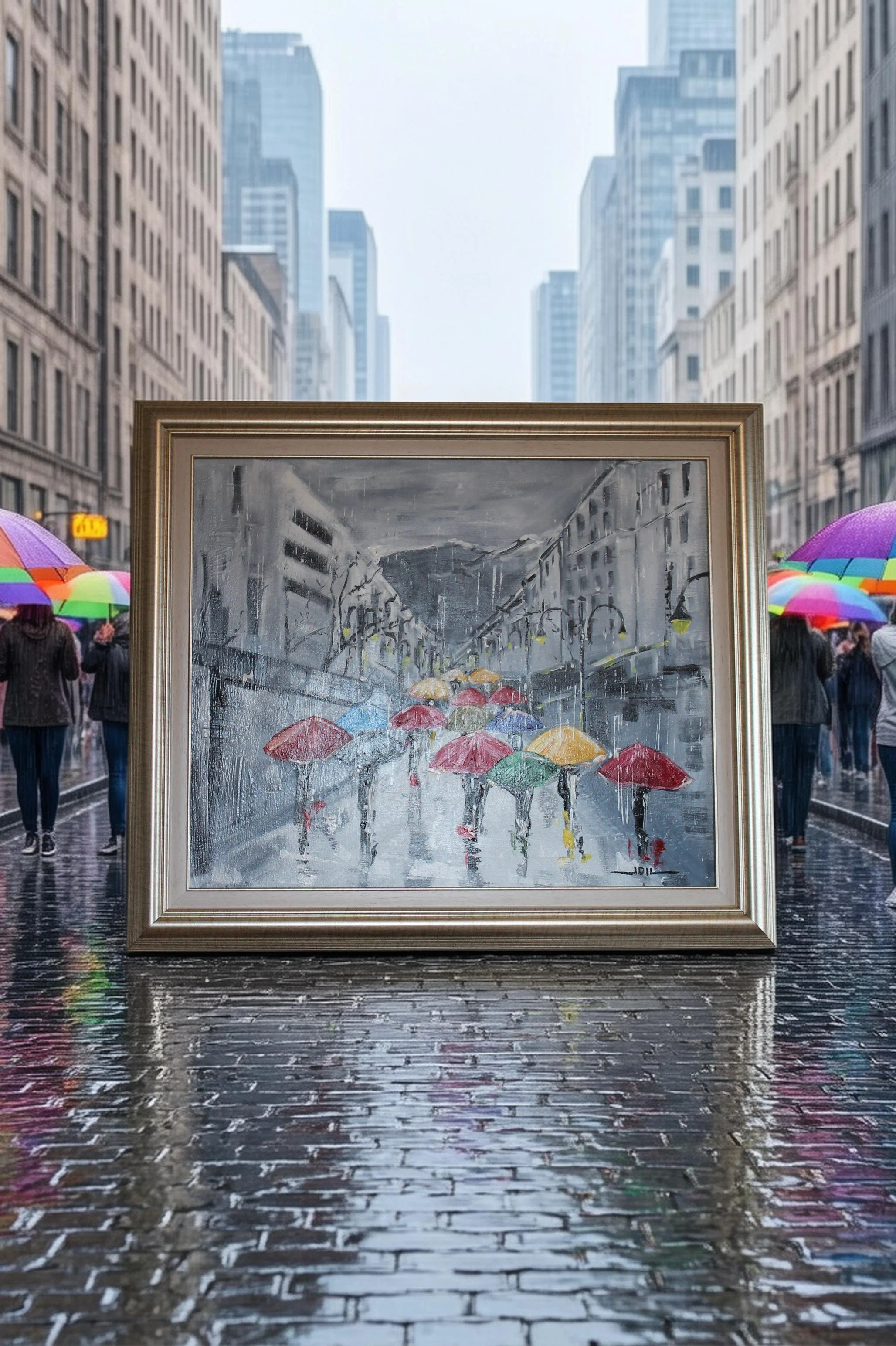 Pluie urbaine

Cette œuvre représente une scène urbaine sous la pluie, traitée dans un style impressionniste contemporain.

La composition montre une large avenue bordée d’immeubles, dont les façades grises et légèrement floues créent une perspective