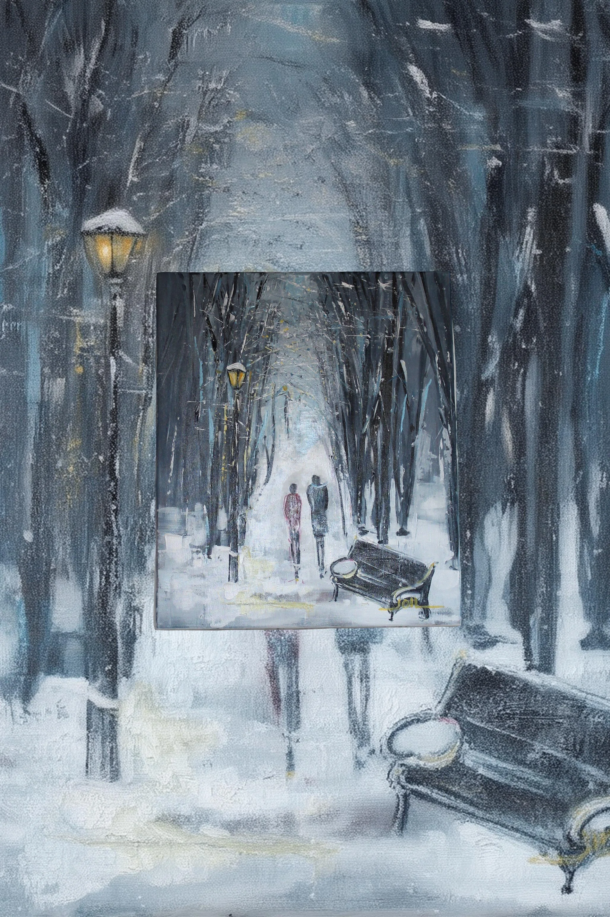 Allée enneigée

Cette image représente une scène hivernale à Sofia, en Bulgarie, peinte dans un style impressionniste, à la fois doux et évocateur.

Une allée de parc enneigée s’étire en profondeur, bordée de grands arbres dénudés dont les troncs som