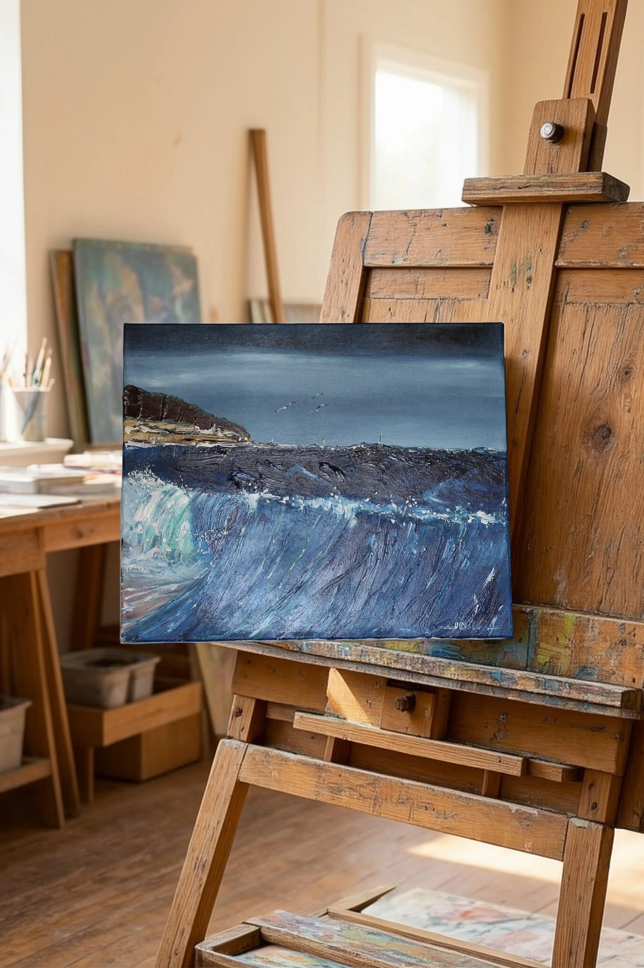 La vague

Cette œuvre explore la puissance contenue du paysage marin à travers une écriture picturale dense et gestuelle. La vague, saisie dans son mouvement ascendant, occupe presque toute la surface de la toile, imposant sa présence tout en restant