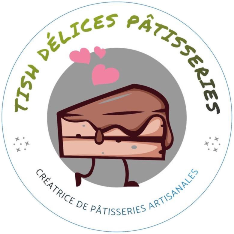Logo rond avec un dessin d'une tranche de brownie avec des yeux, une bouche et des lunettes, entouré de cœurs roses, avec le texte "Très délices pâtissiers" en vert en haut et "Créatrice de pâtisseries artisanales" en noir en bas.