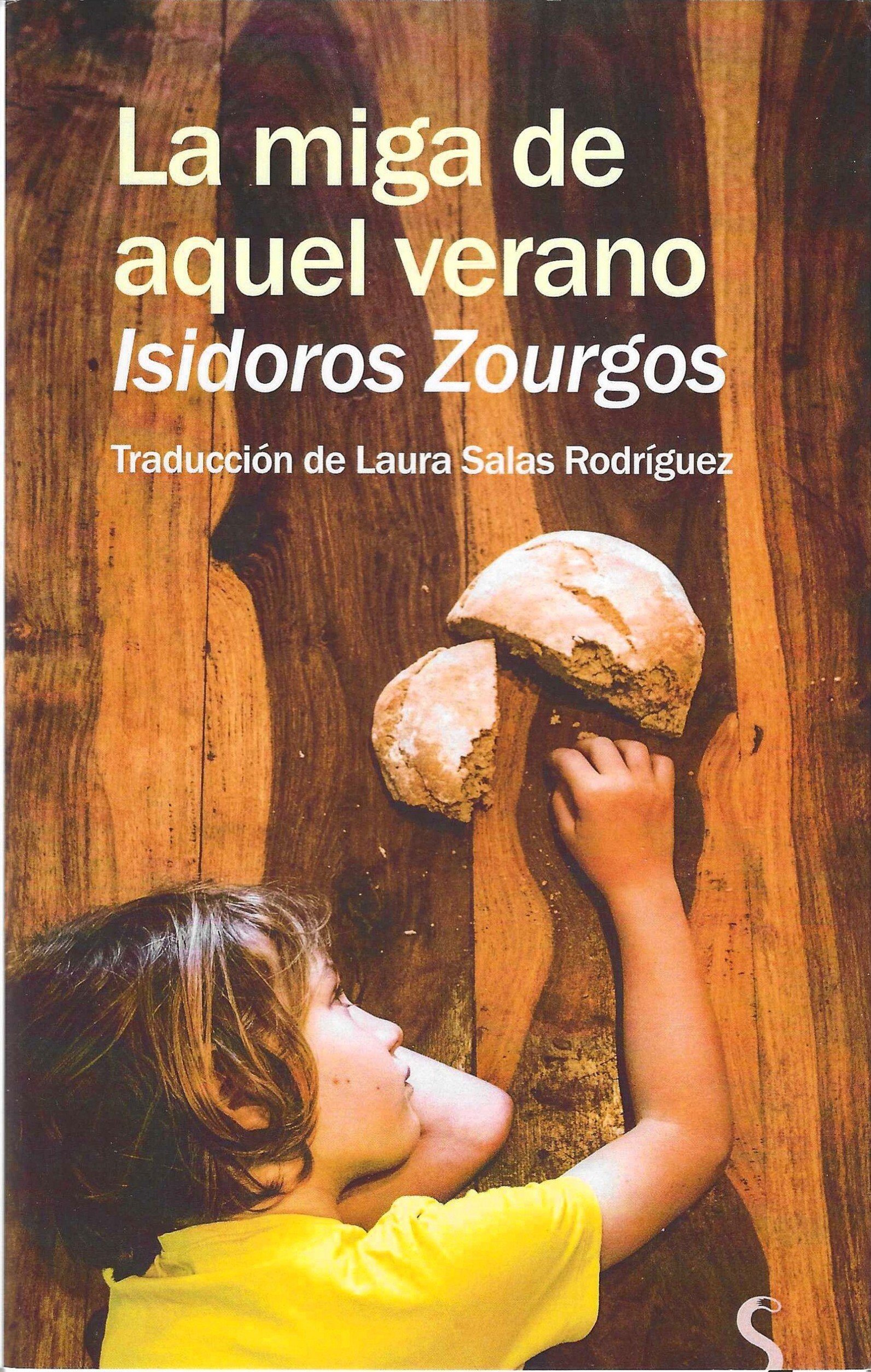 A young girl with brown hair wearing a yellow shirt is lying on a wooden floor, reaching towards a broken loaf of bread.