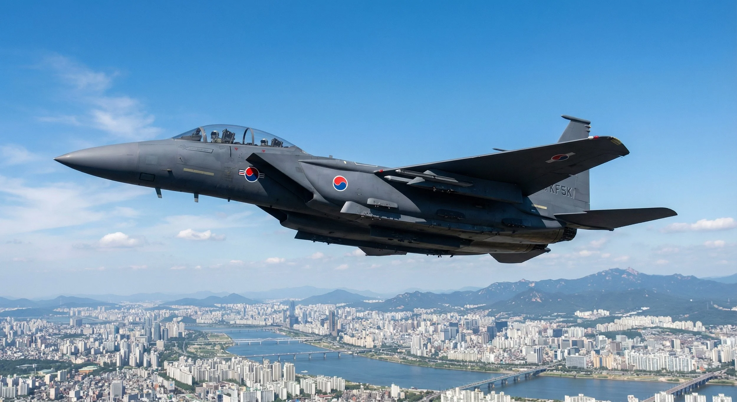 A fighter jet flying over a city with bridges and a river, under a blue sky with clouds.