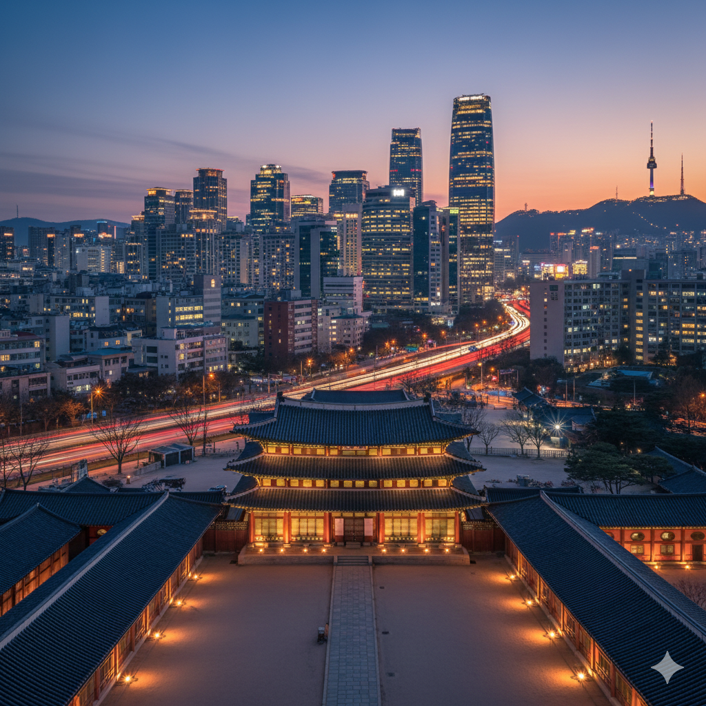 City skyline at sunset with modern skyscrapers, a traditional Asian temple in the foreground, and a mountain with a tower on top.