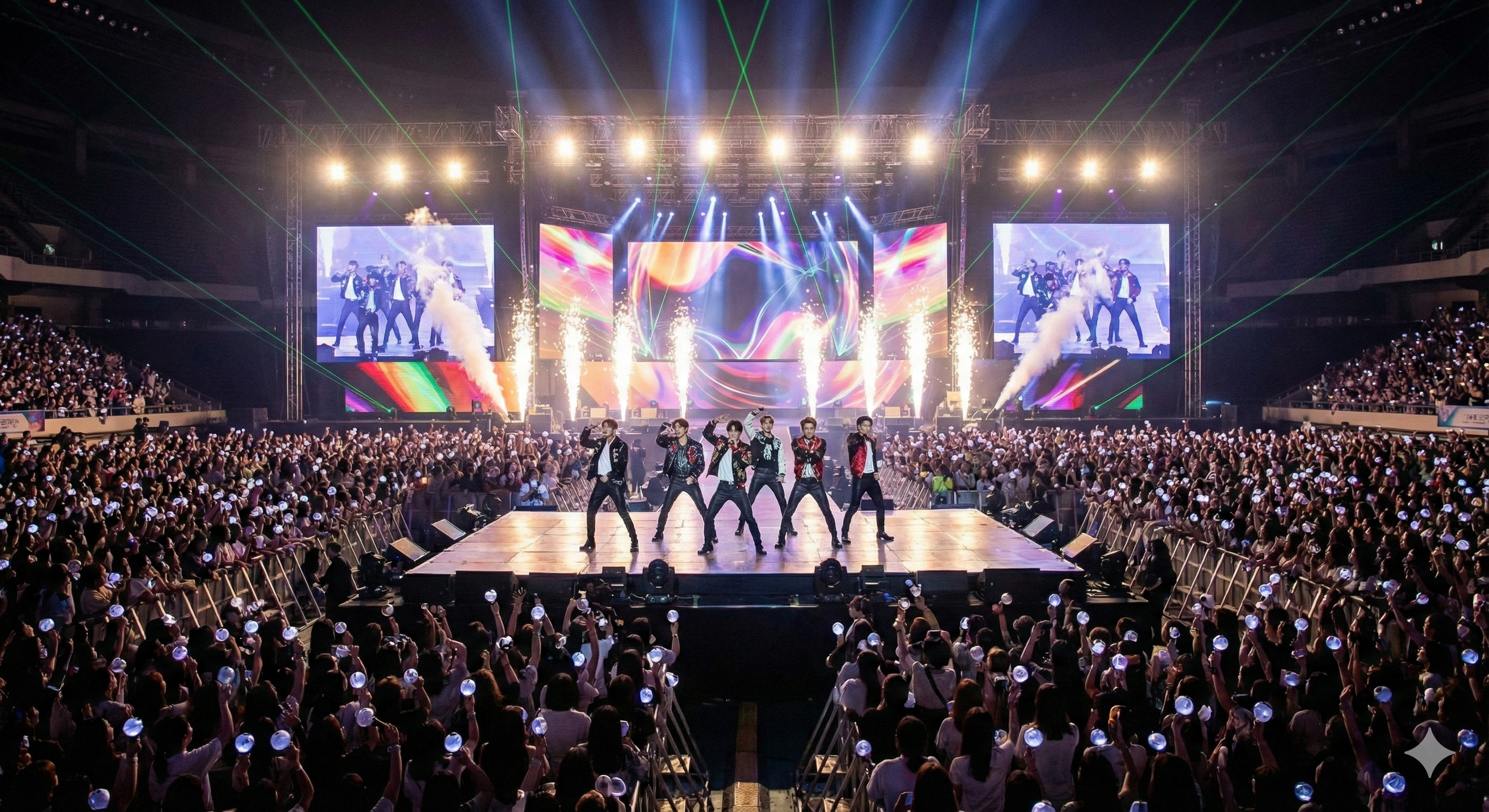 A boy band performs on a stage at a concert, with large screens displaying their images, colorful lights, and pyrotechnics, while an audience cheers and holds light sticks.