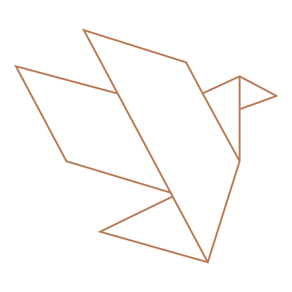 Line drawing of a paper crane origami with a stylized, geometric design.