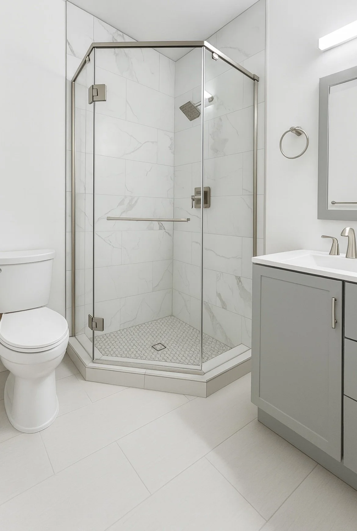 Modern bathroom with a glass shower enclosure, toilet, and light gray vanity with a sink, and a mirror.