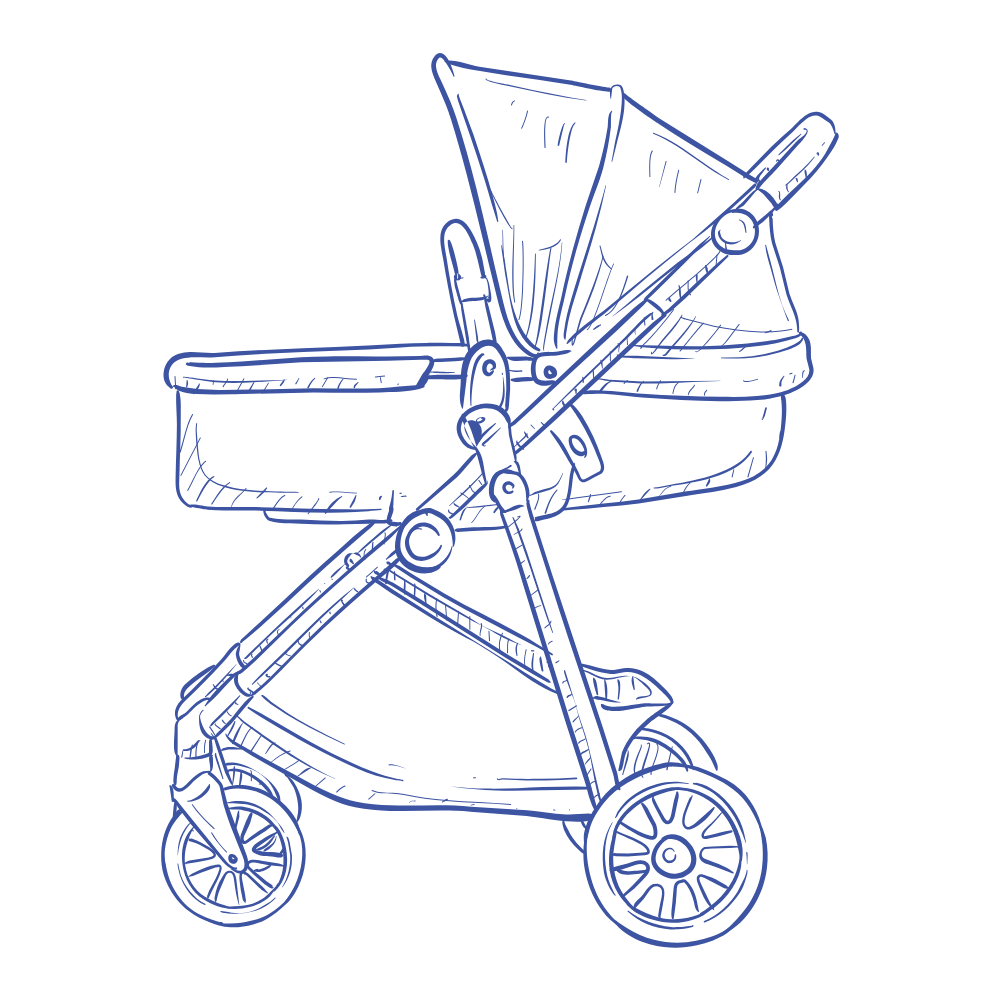 Blue outline drawing of a baby stroller with a canopy and four wheels.
