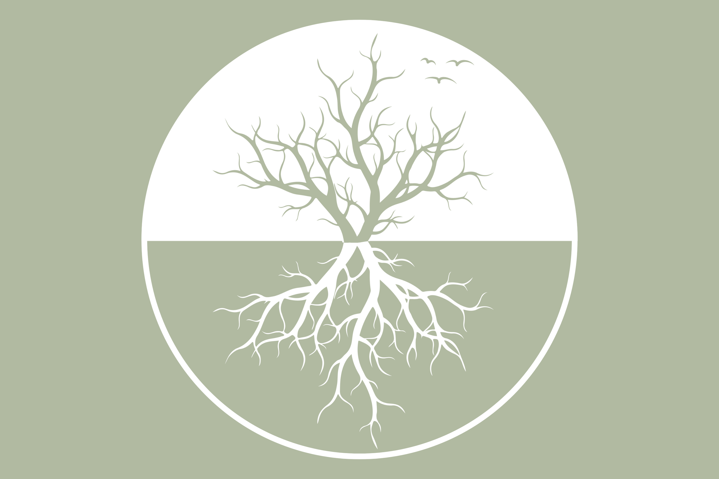 A graphic illustration of a tree with roots inside a circle, split horizontally by a line, with a background in muted green. There are also birds flying in the sky in the upper part of the circle.