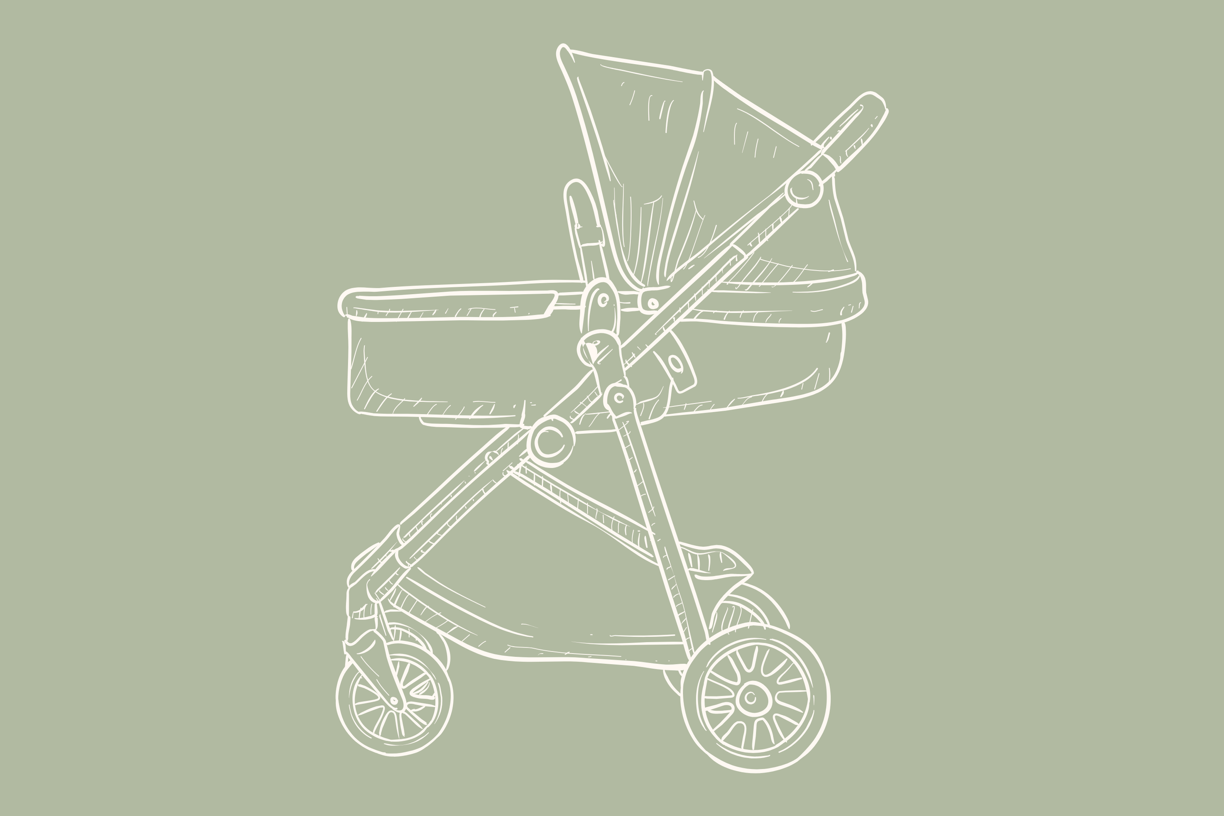 Line drawing of a baby stroller on a light green background.