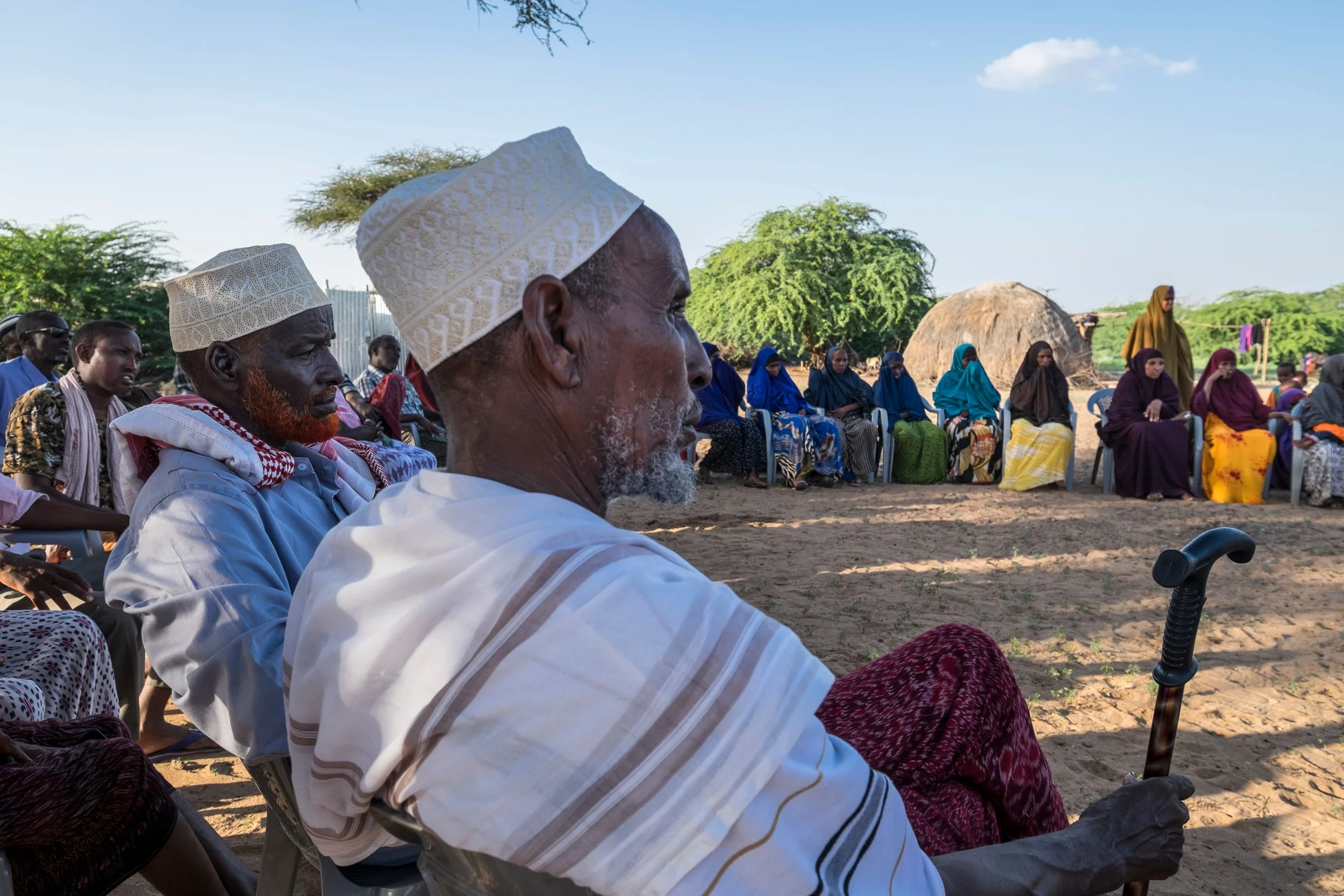 A large gathering of people, mostly dressed in traditional clothing and seated outdoors under a clear sky, with some trees and huts in the background.