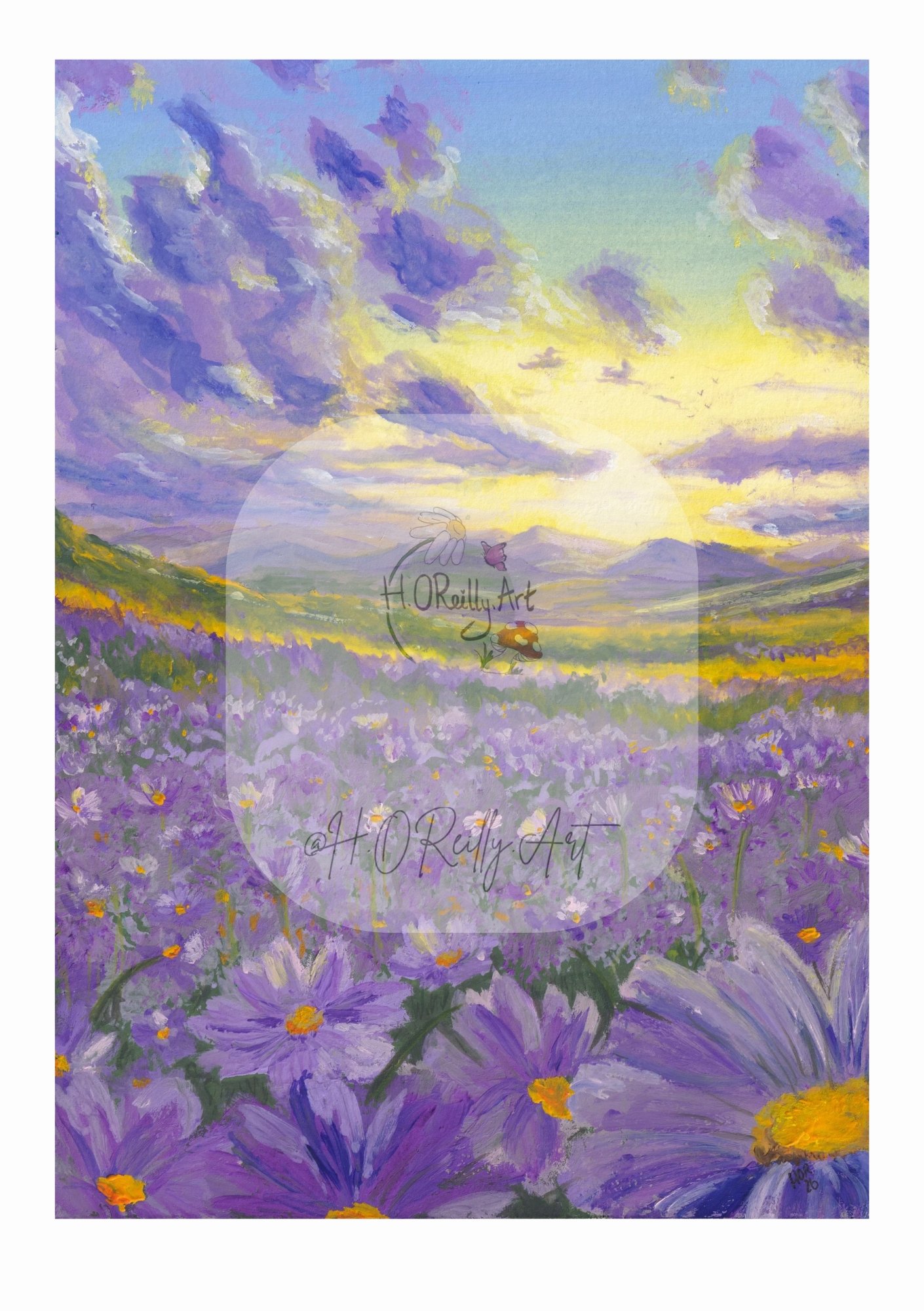 Purple flower landscape with mountains at sunset