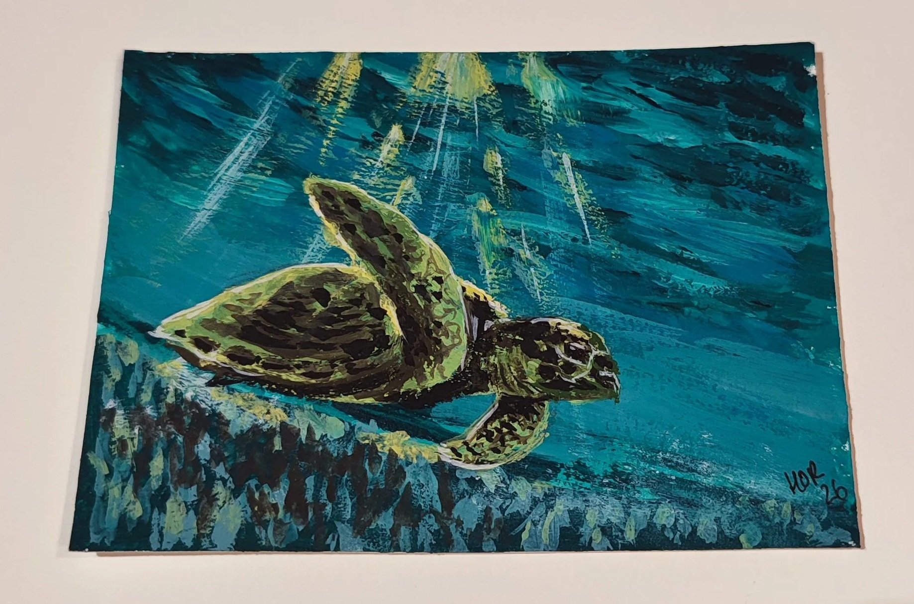 Gouache Sea Turtle under water swimming