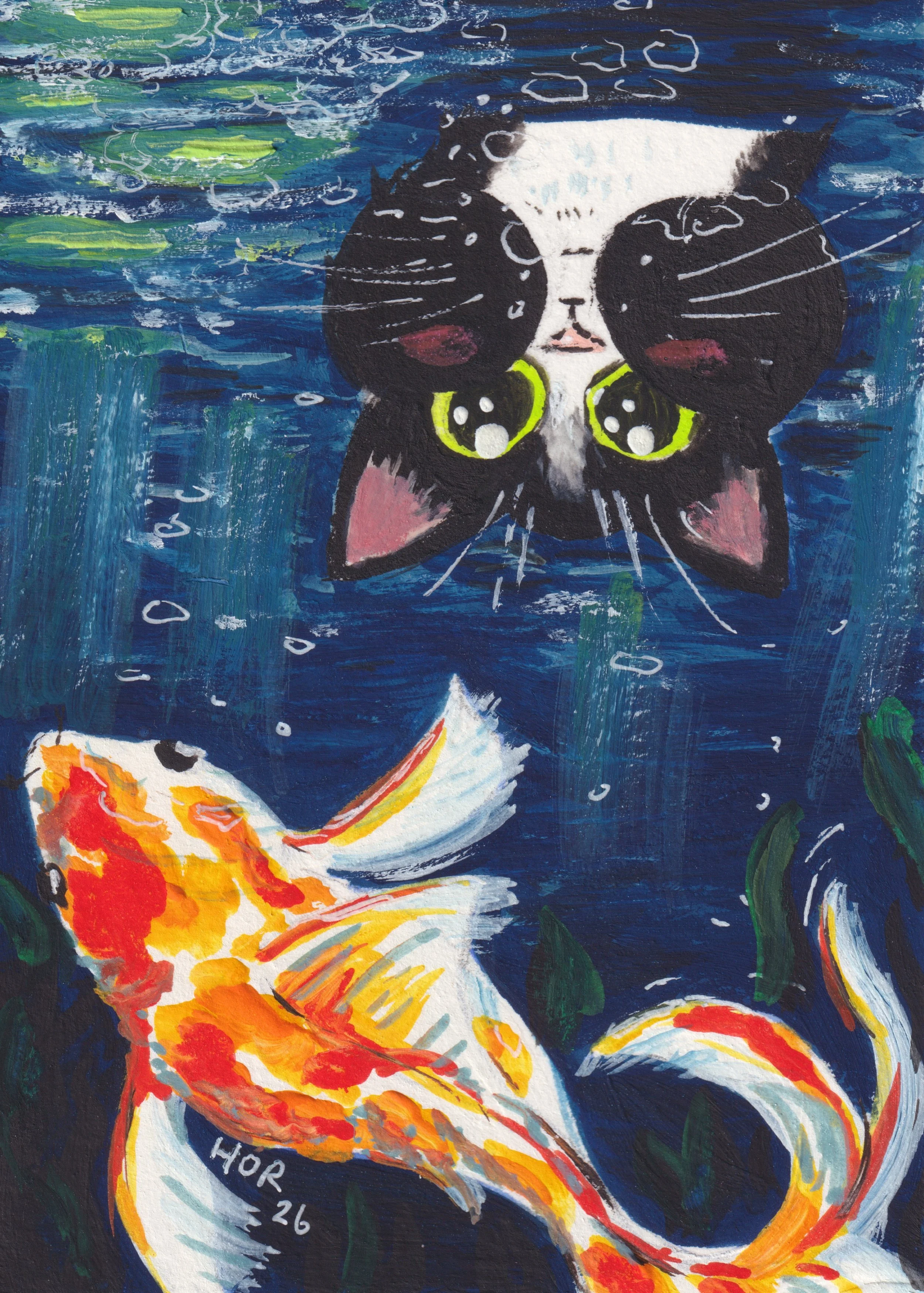 Cat in the Koi Pond gouache
