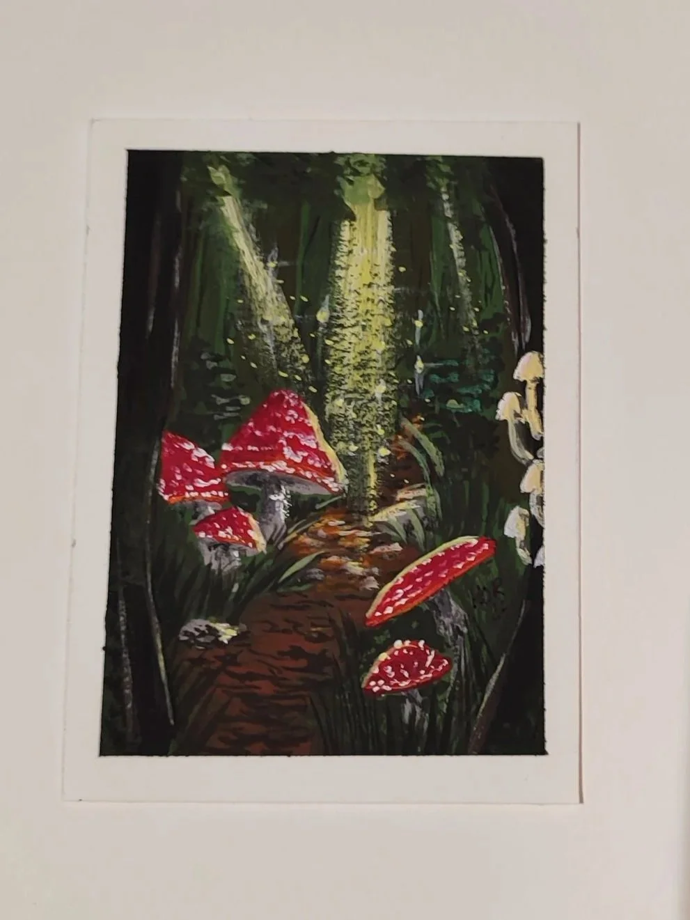 Gouache Enchanted forest path with toadstools