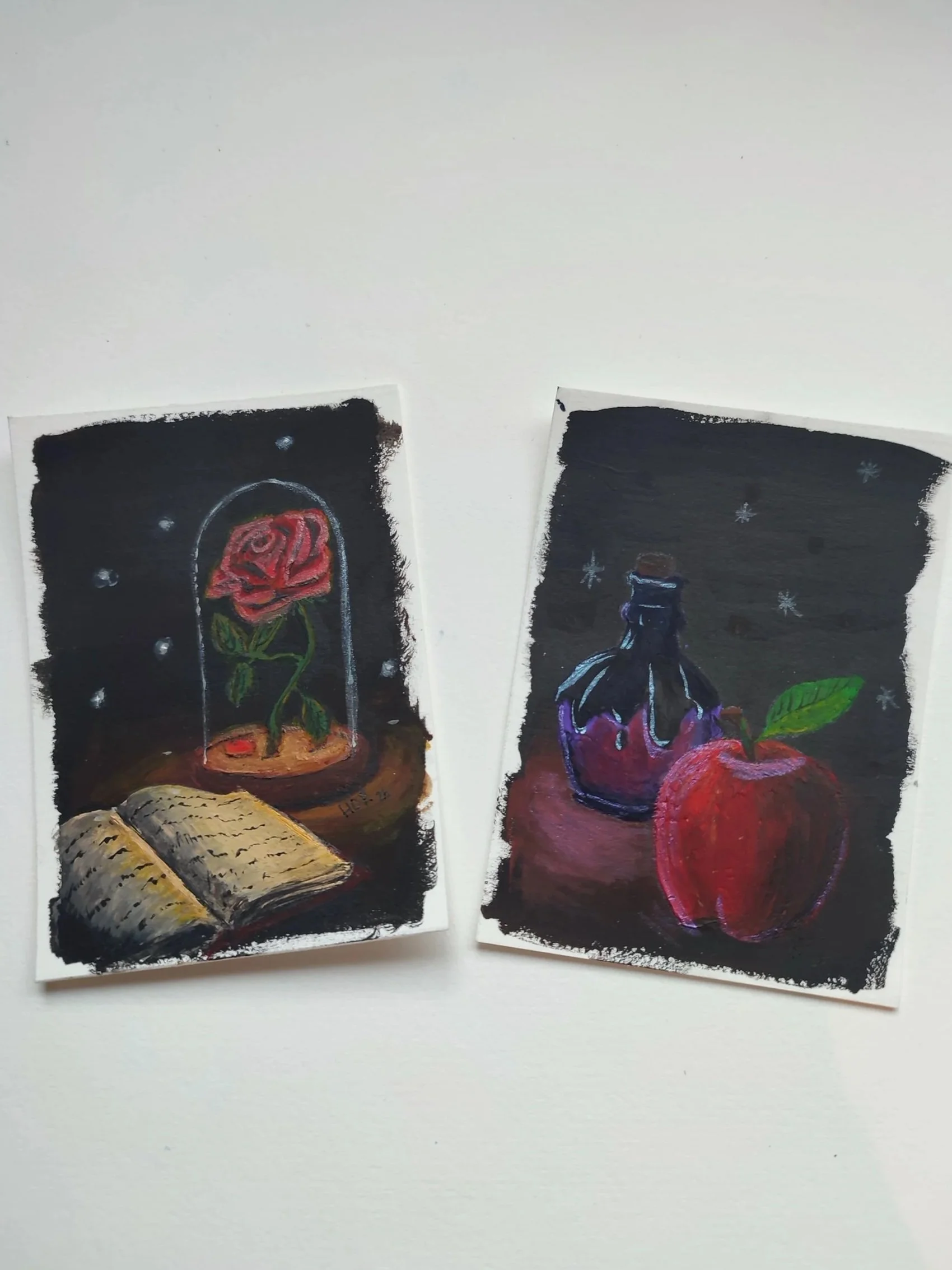 Gouache fairy tale paintings beauty and the beast, snow white