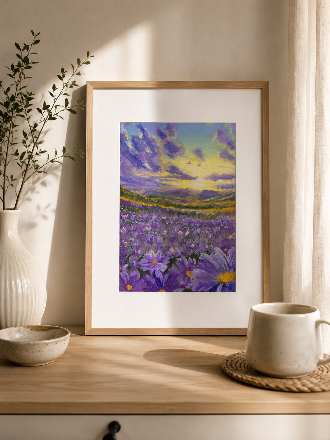 Original Gouache Landscape — “Evening Flower Field” (A5, Framed)